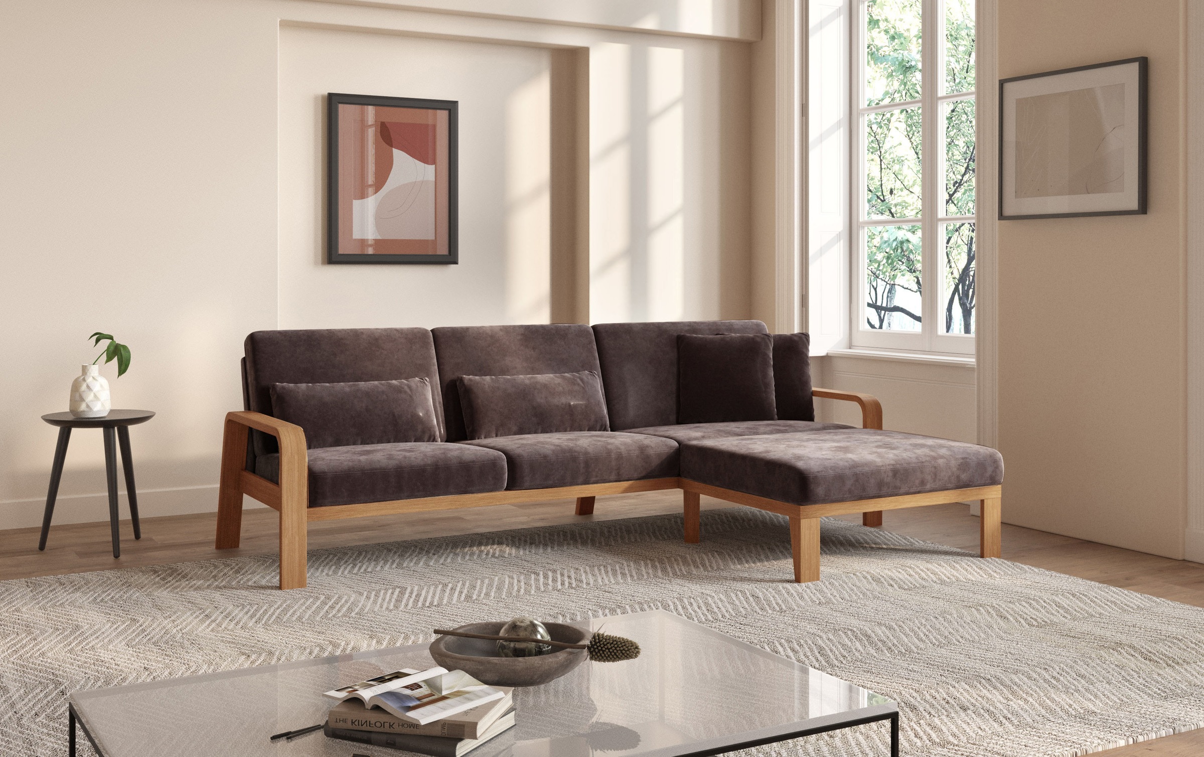 sit&more Ecksofa »Kolding L-Form«, Armlehnen aus eichefarbigem Buchenholz, verschiedene Bezüge und Farben