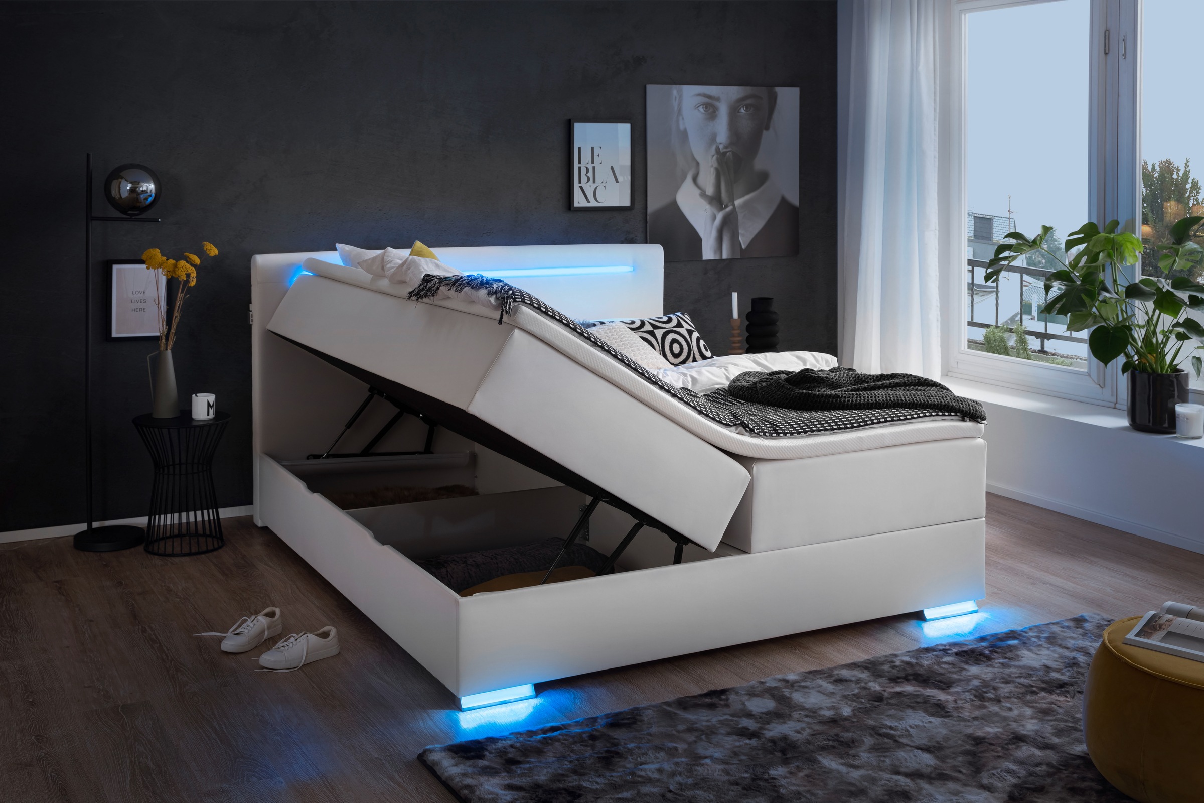 meise.möbel Boxspringbett »Las Vegas«, Füße und Kopfteil mit LED-Beleuchtung, mit Bettkasten und Topper