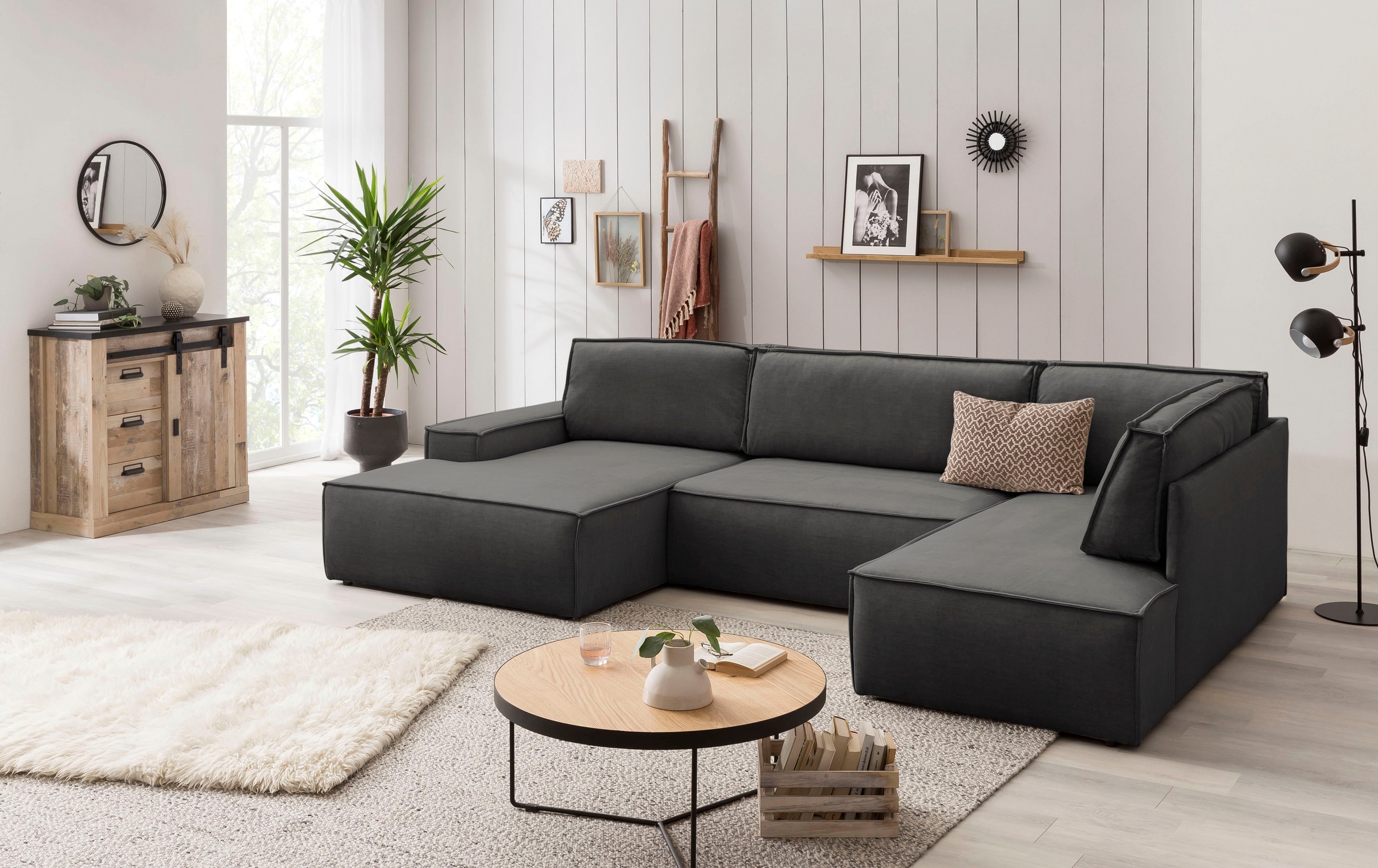 Home affaire Wohnlandschaft »SHERWOOD 329 cm, U-Form, Schlafsofa,«, Schlaffunktion m. Bettkasten (194x139 cm), Cord, Vintage, Samtvelours