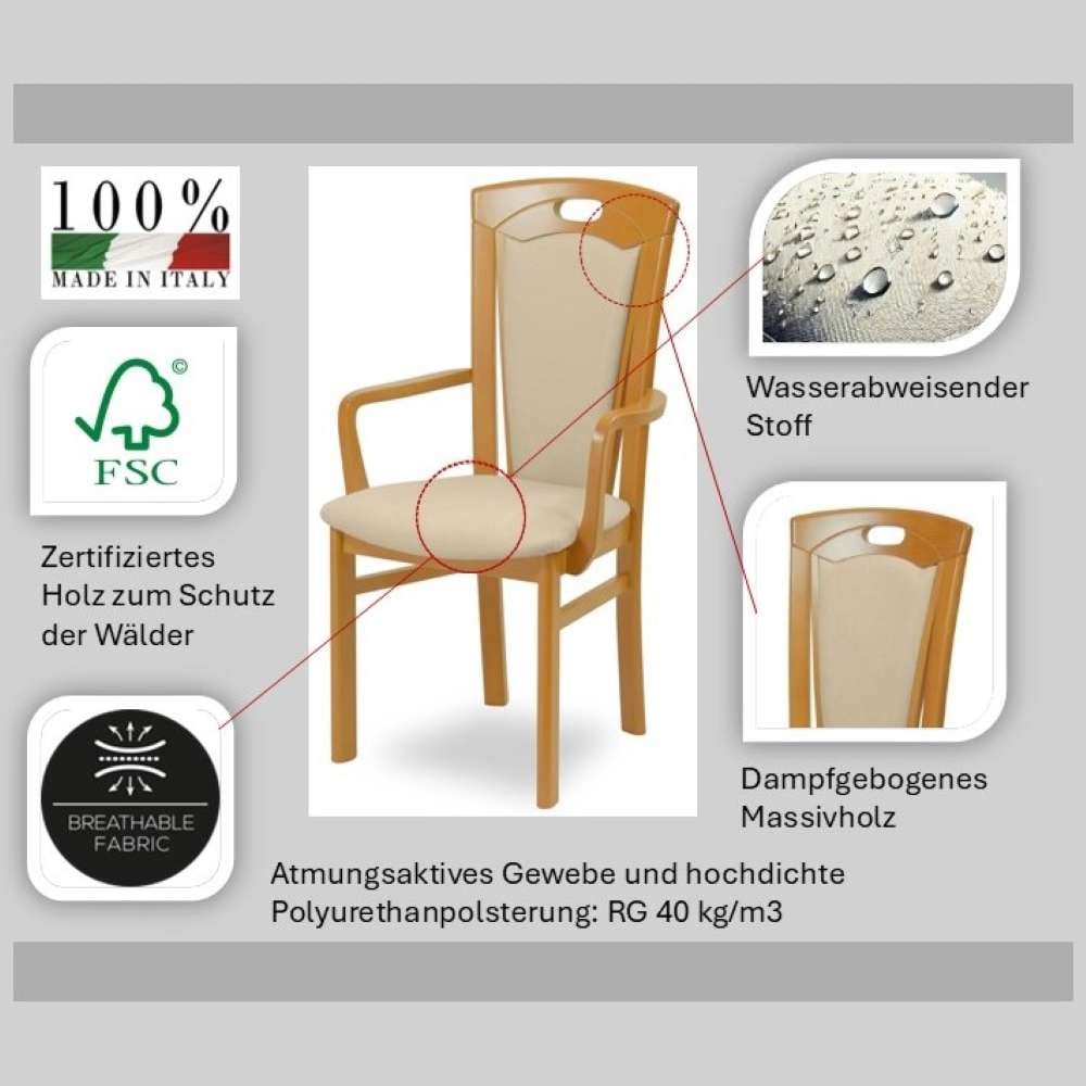 Home affaire Esszimmerstuhl »FERDI, Armlehnstuhl, Made in Italy, Massivholz«, 1 St., Feinstruktur, Bezug Feinstruktur (wasser-und fleckabweisend) oder Struktur