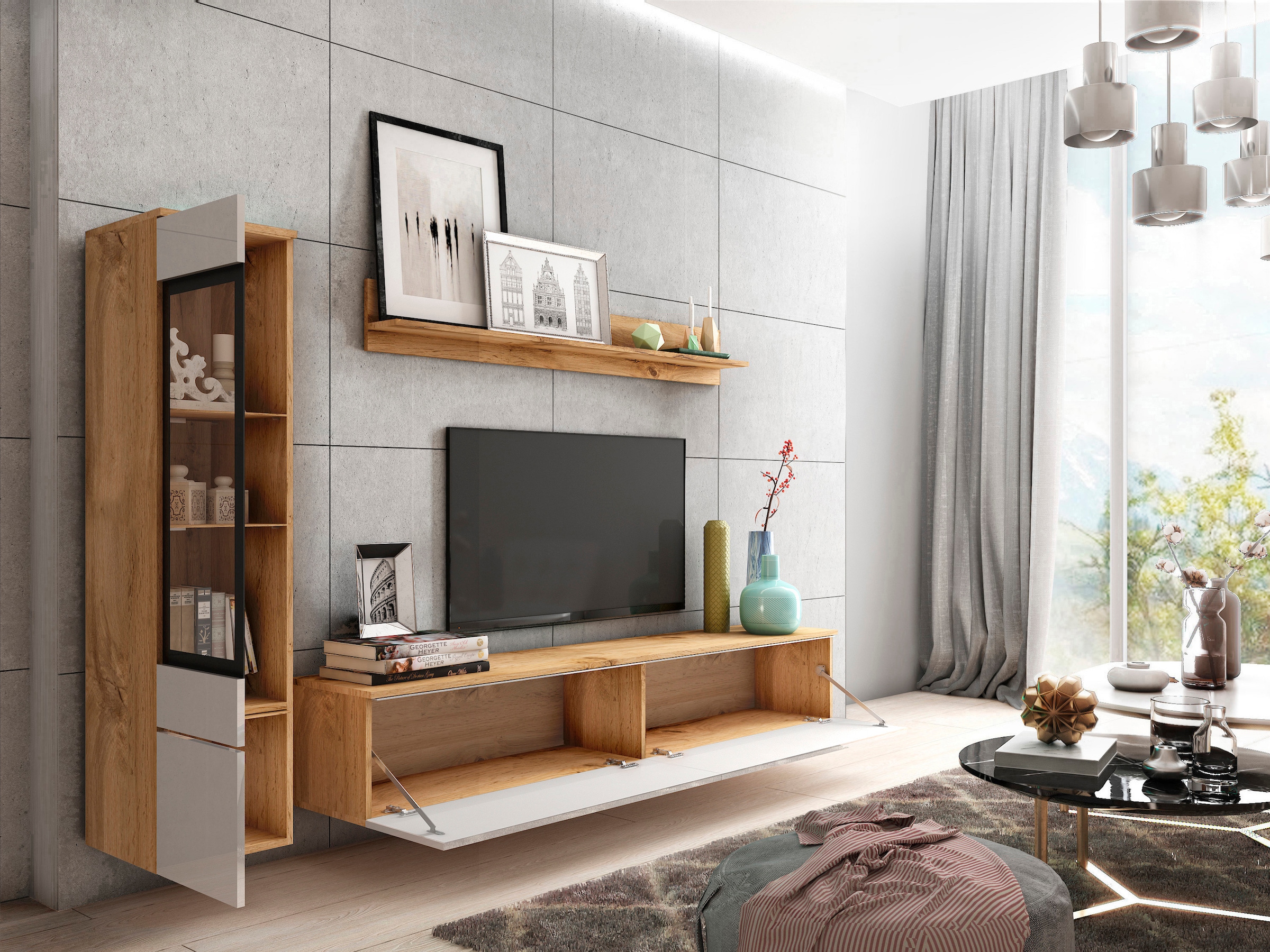 INOSIGN Wohnwand »VERA I, Vitrinen Türanschlag links/rechts wechselbar«, (Komplett-Set, 3 St.), Mediawand 230 cm, Vitrine mit Verglasung, stehend und hängend