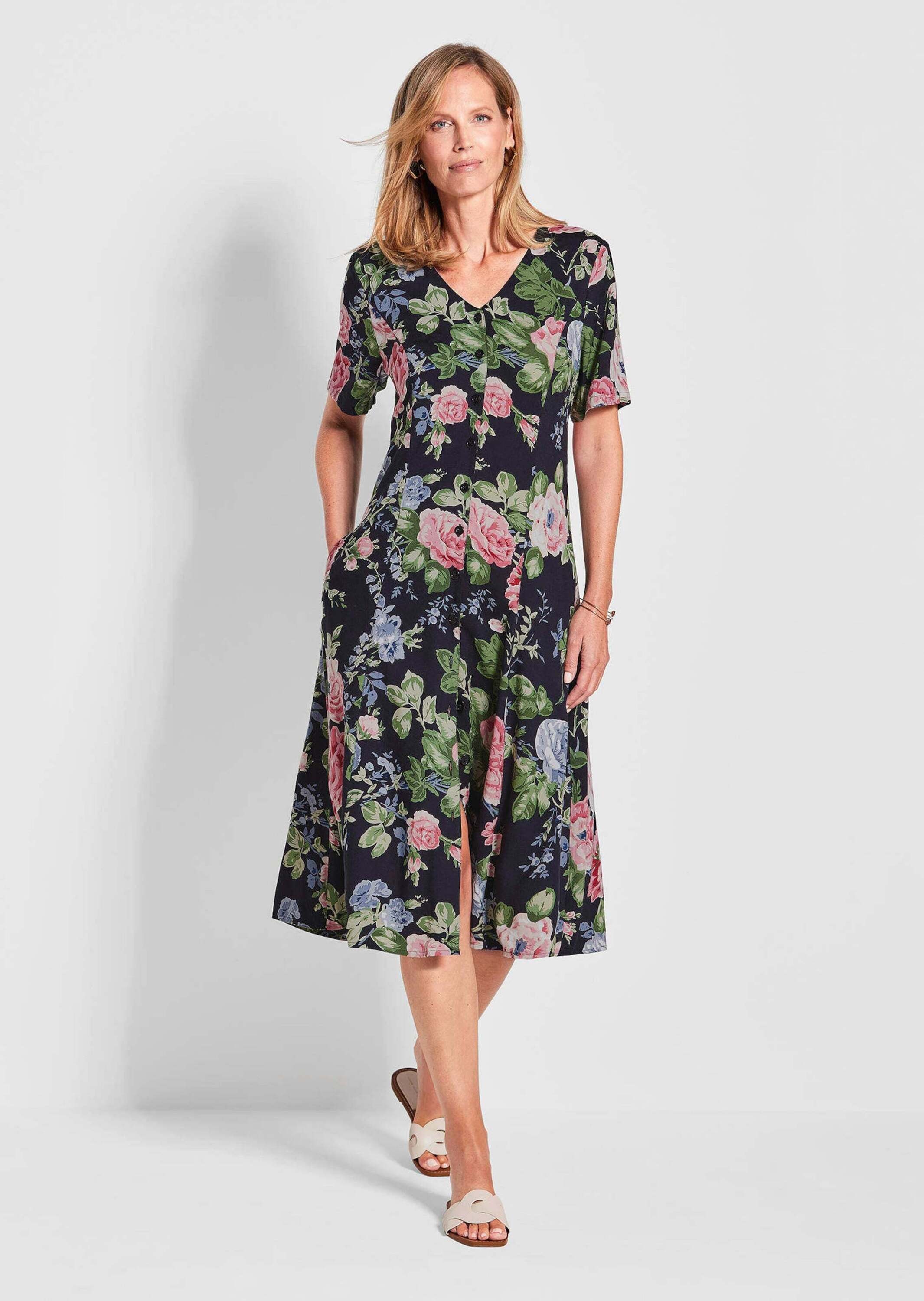 GOLDNER Sommerkleid »Kurzgröße Kleid« Seitennahttaschen Knopfleiste