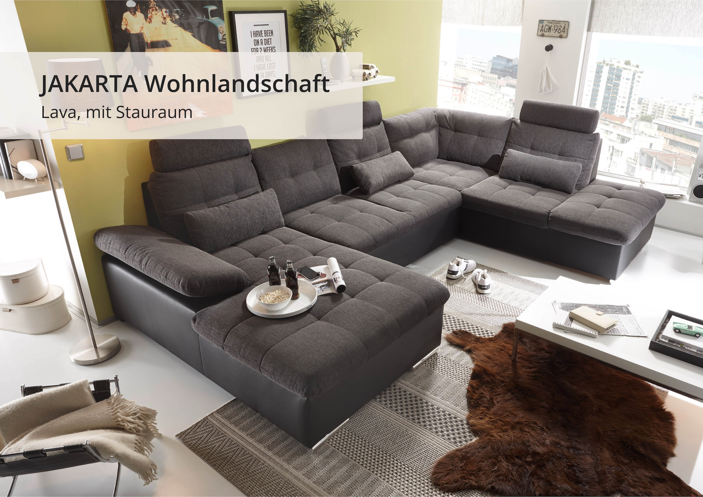 ED EXCITING DESIGN Wohnlandschaft »Jakarta U-Form mit Bettfunktion, Bettkasten« Armteilverstellung, Kopfstützen & 3 Nierenkissen