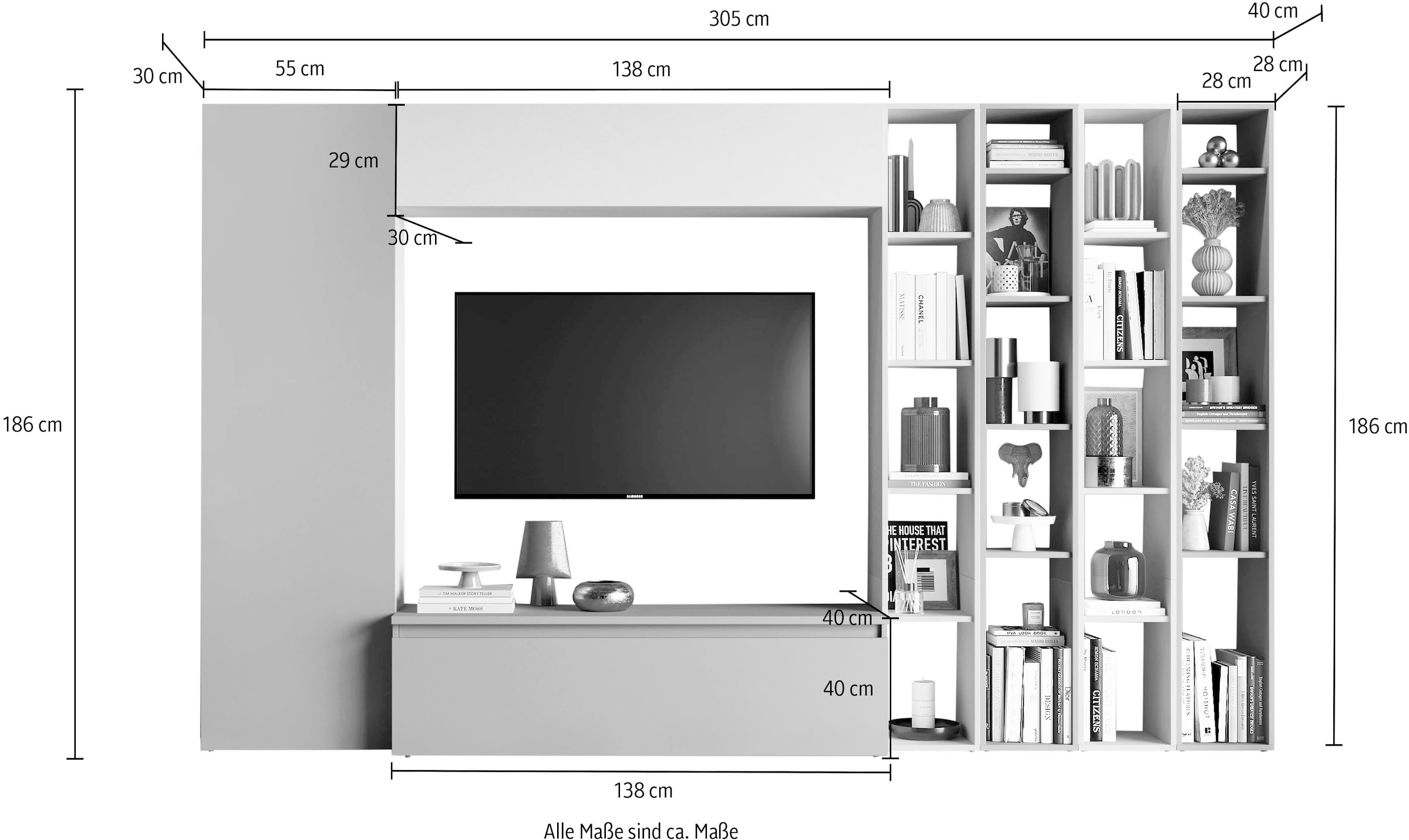 INOSIGN Wohnwand »INFINITY, 7tlg. Breite 305 cm, Schrankwand, Anbauwand«, (7 St.), (Lowboard, Stauraumschrank, Hängeschrank, 4x Standregal)