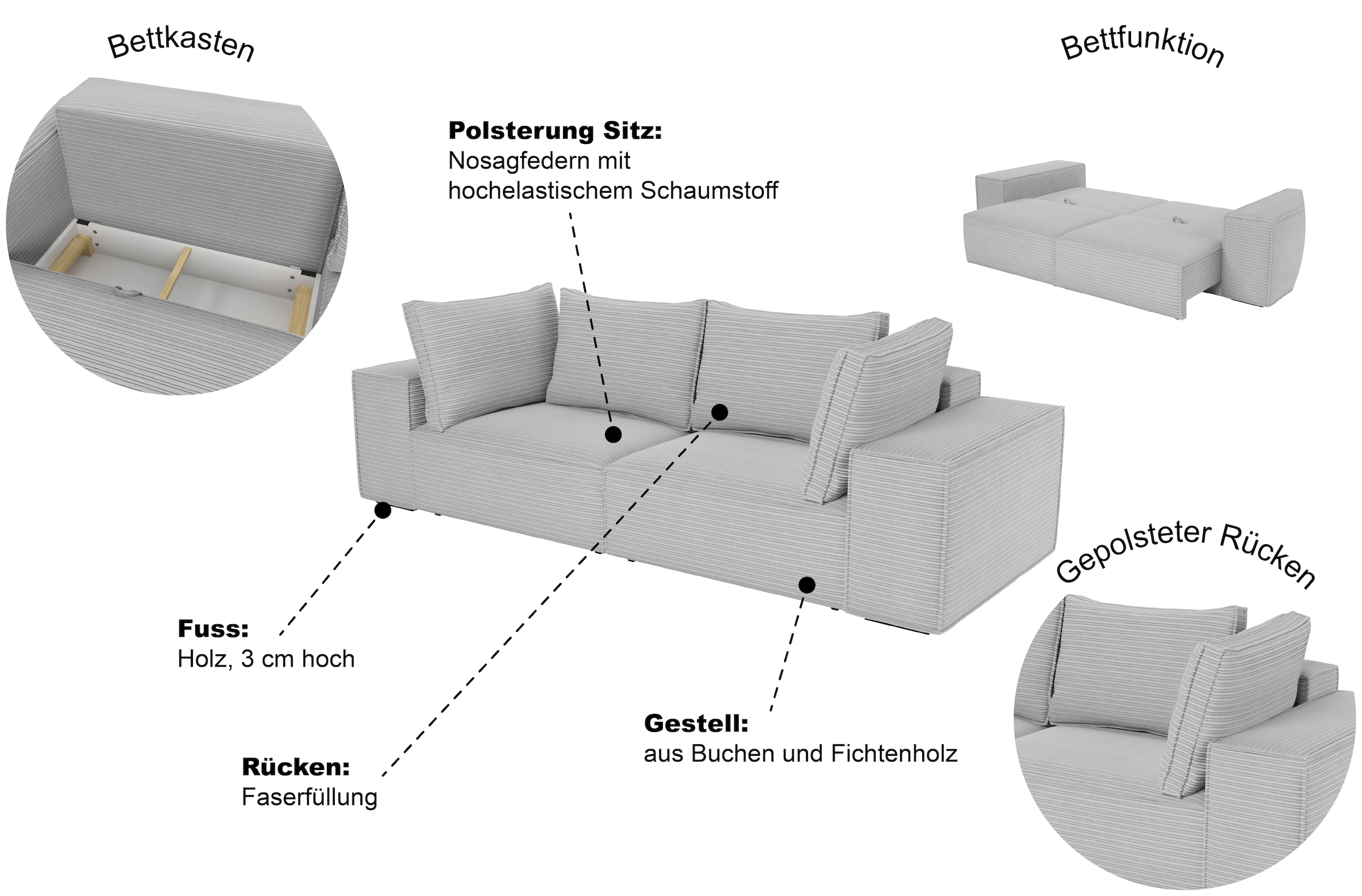 Trends by HG Big-Sofa »Conor XL, B: 268cm, Liegefläche: 138 x 194 cm, in Cord und Velours« mit Schlaffunktion und Bettkasten