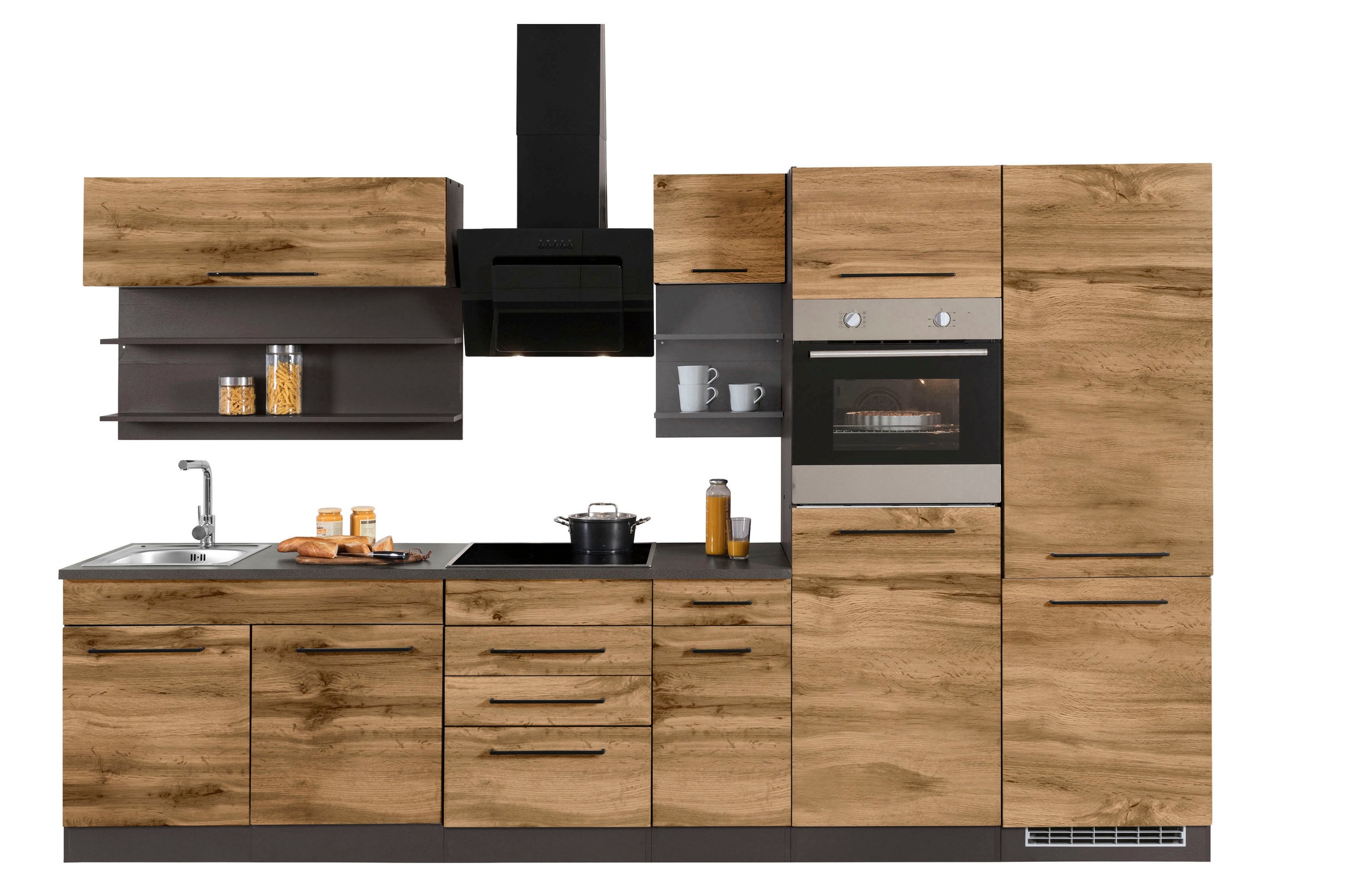 KOCHSTATION Küchenzeile »KS-Tulsa« mit E-Geräten, Breite 330 cm, schwarze Metallgriffe, MDF Fronten
