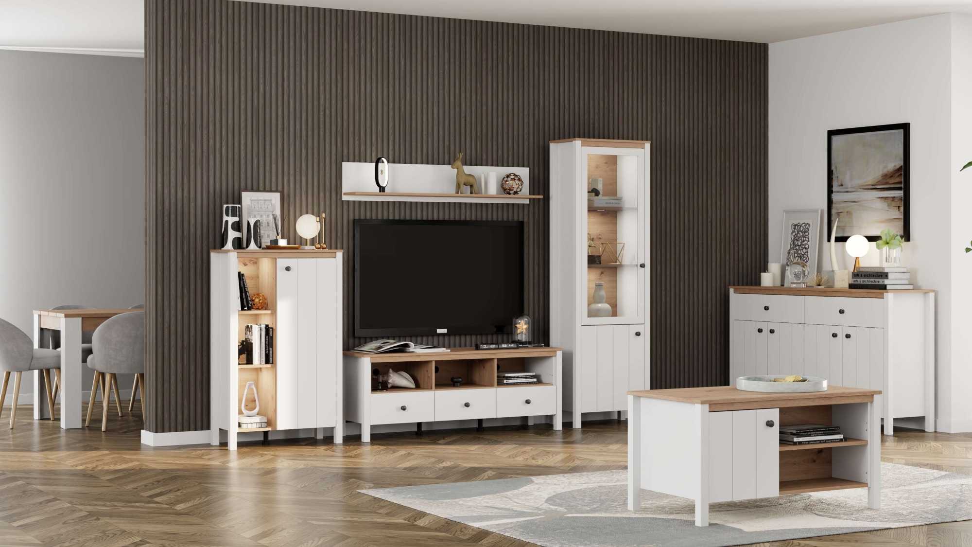 Home affaire Vitrine »BEDFORD Vitrinenschrank, Glasschrank, Standvitrine, Highboard« MDF-Profil 2D ummantelt, 2 Türen & 4 Einlegeböden mit Metallgriffen