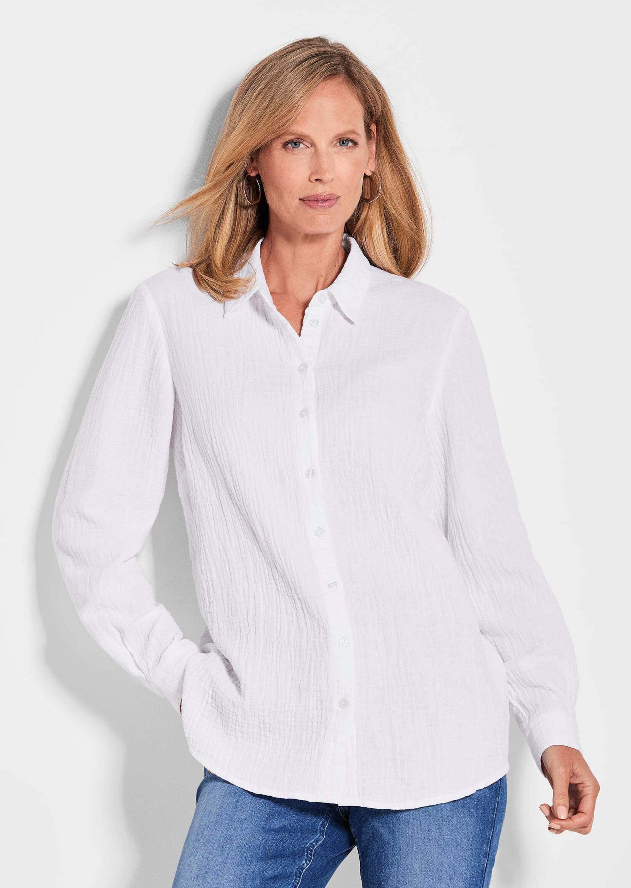 GOLDNER Hemdbluse »Verlängerte Langarm Musselin-Bluse« überaus hautfreundliche Qualität