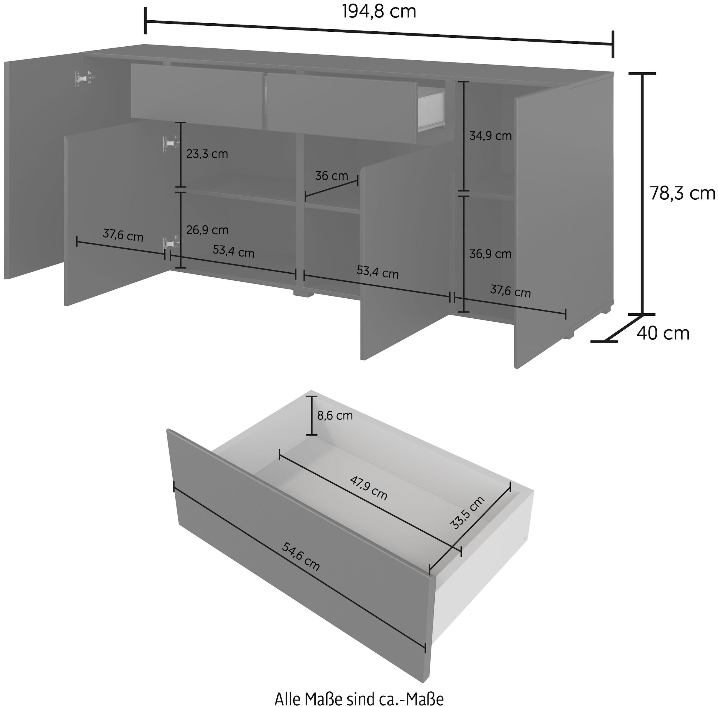 INOSIGN Sideboard »Metric,Breite 195 cm, grifflose Kommode 4 Türen/2 Schubkästen«, Schubladenschrank mit viel Stauraum, Einlegeböden verstellbar