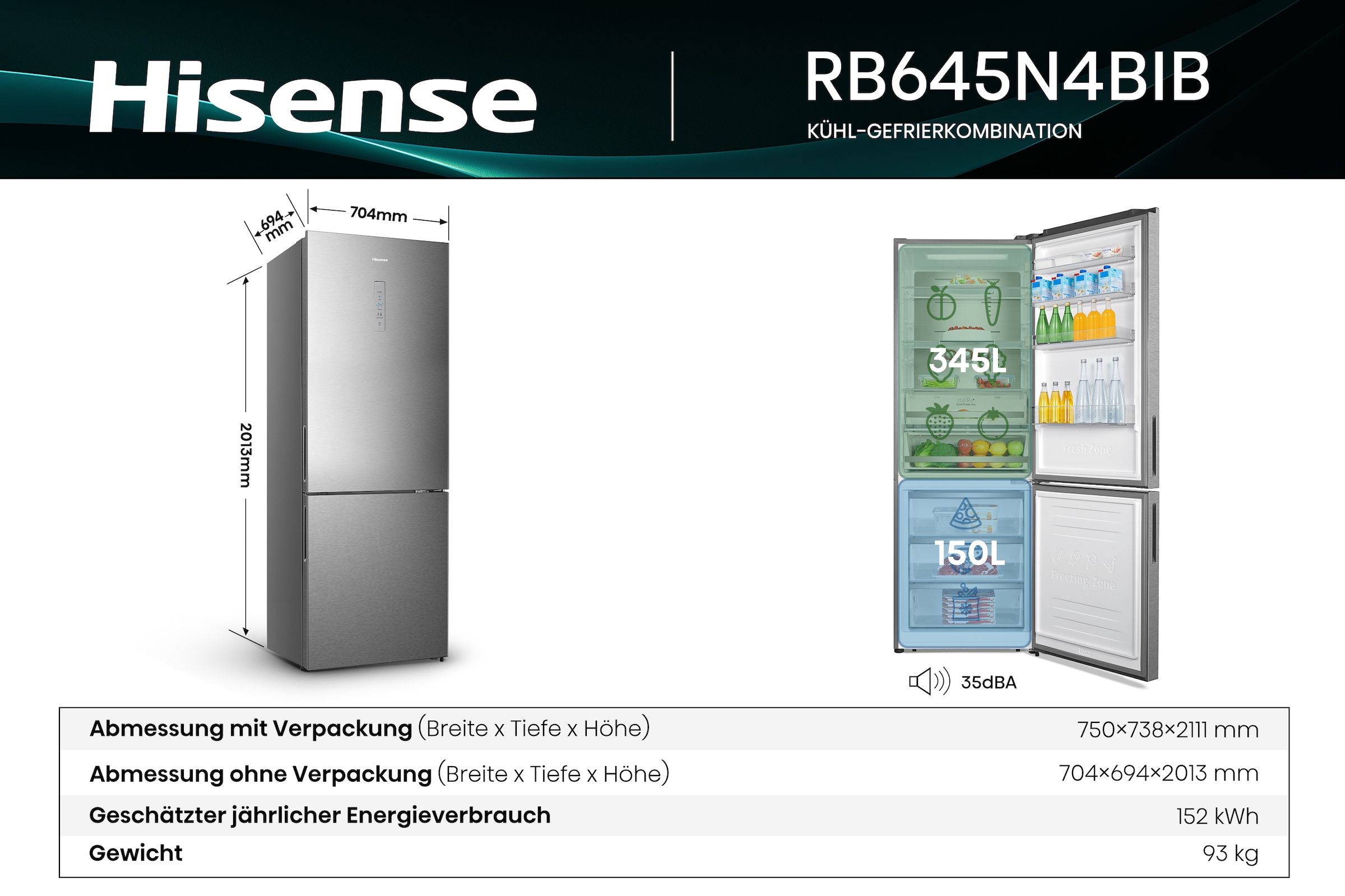 Hisense Kühl-/Gefrierkombination »RB645N4BIB« 201,3 cm hoch 70,4 cm breit 70cm breit