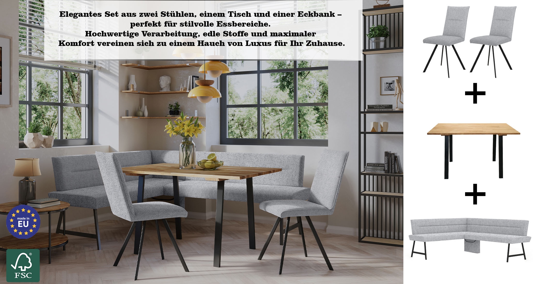 OTTO home Eckbankgruppe »Sava« Set, 4 Stk. tlg. Eckbank mit Wellenfederung im Sitz, Tisch Massiv Eiche
