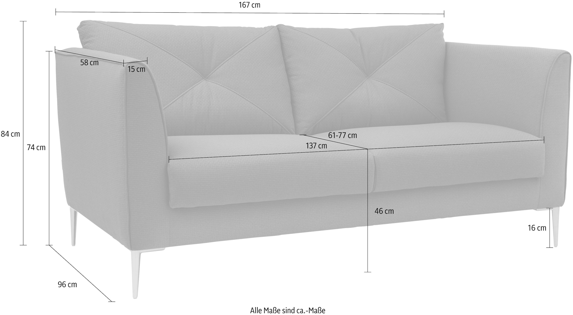 Guido Maria Kretschmer Home&Living 2-Sitzer »Lille, modern, zeitlos und bequem, Komfortsitzhöhe 46cm, hohe Füße«, Breite 167 cm