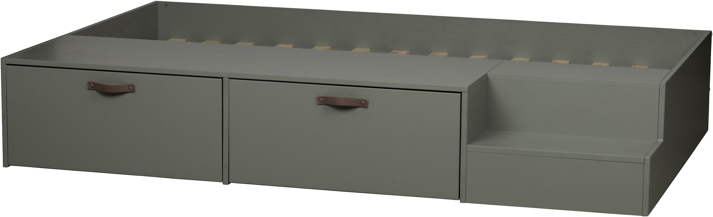 WOOOD Stauraumbett »Stage Massivholz FSC®-Kiefernholz mit Trittstufen 204 x 131 x 35 cm« Rollauszüge mit Ledergriff, breite Holzkante, Matratzenmaß 80x200 cm