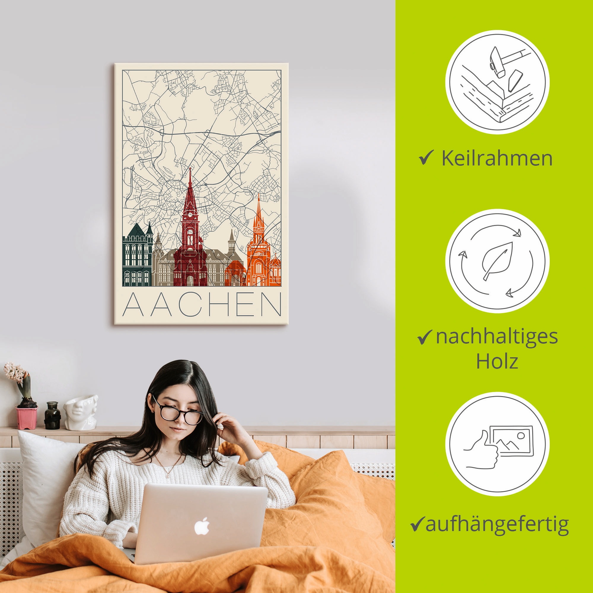 Artland Leinwandbild »Retro Karte Aachen«, Deutschland, (1 St.), auf Keilrahmen gespannt