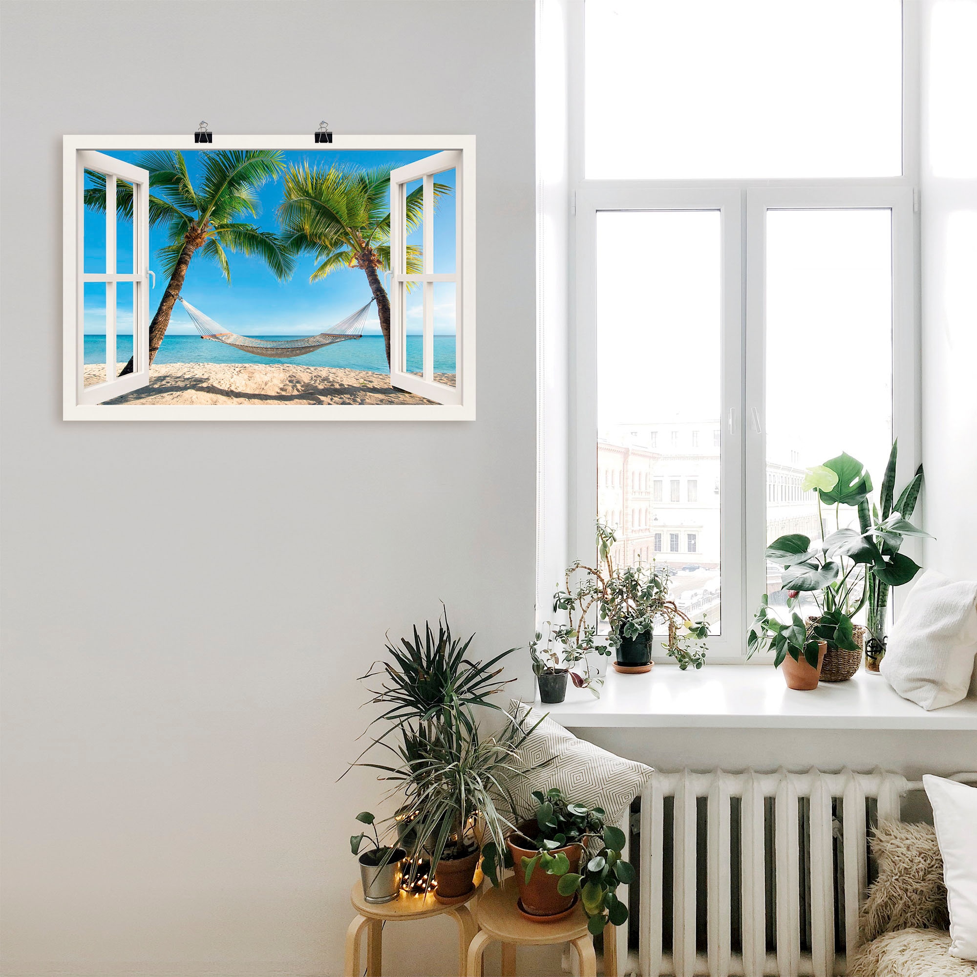 Artland Wandbild »Fensterblick Palmenstrand Karibik« Amerika 1 Stk. tlg. als Alubild, Outdoorbild, Leinwandbild, Poster, Wandaufkleber