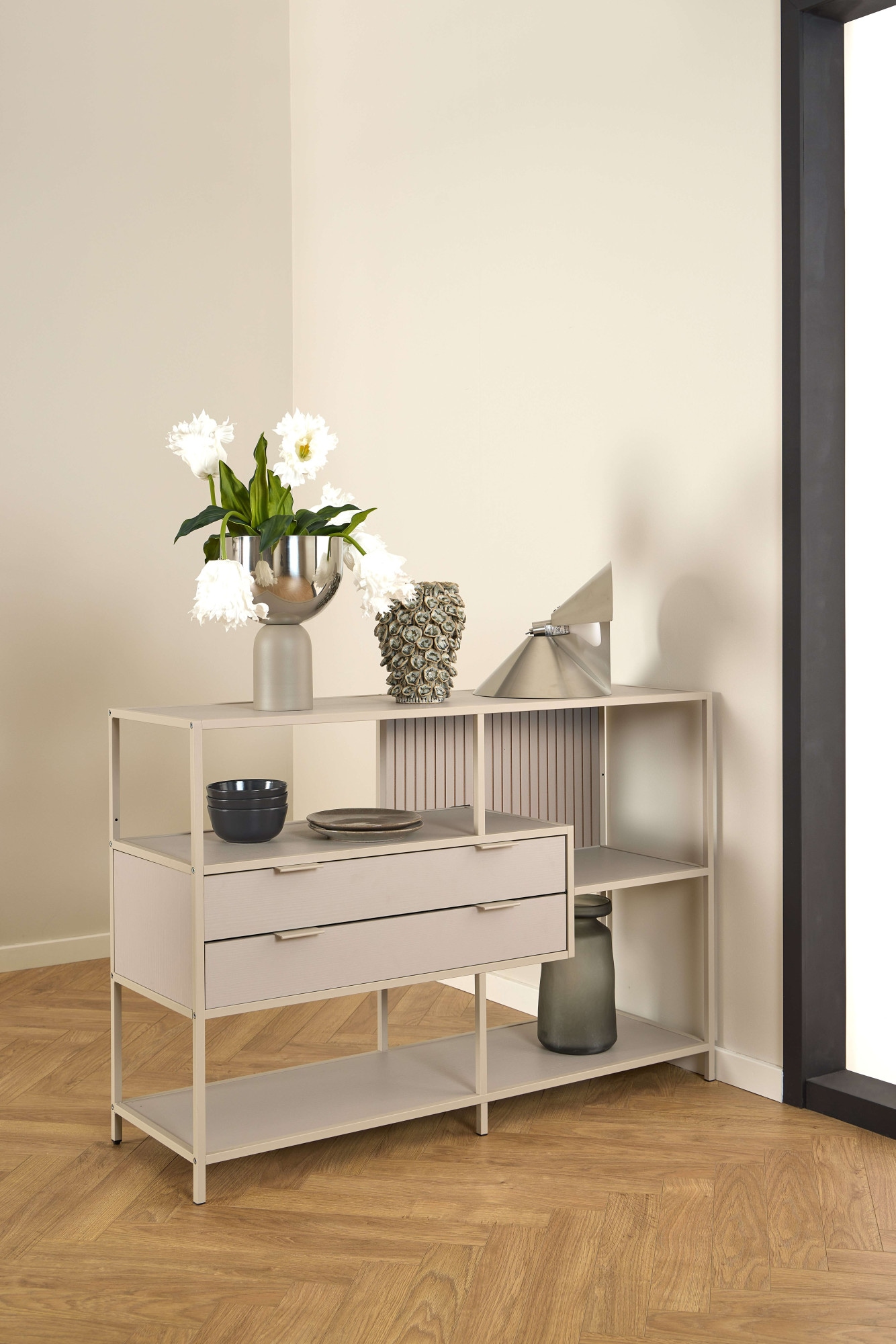 ACTONA GROUP Regal »Seaford, Standregal, Regal, Raumteiler« 114x35x78 cm,  schwarzer Stahlrahmen, 2 Schubladen, Wendemodul, Breite 114 cm