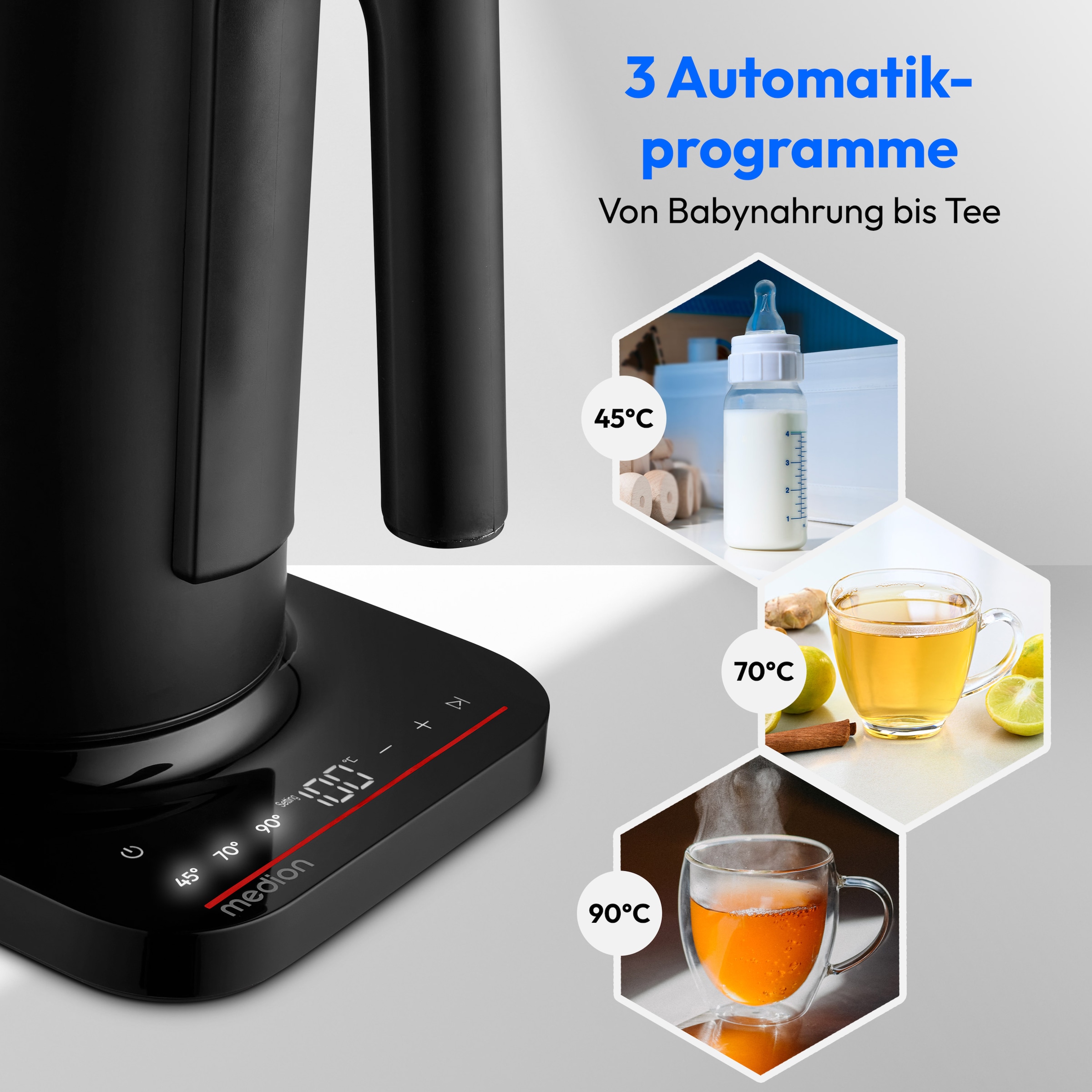 Medion® Wasserkocher »MD12106« 1,5 l 2200 W 2.200 W, 1,5 L, LED-Display, Sensor-Touch Bedienung, Kindersicherung