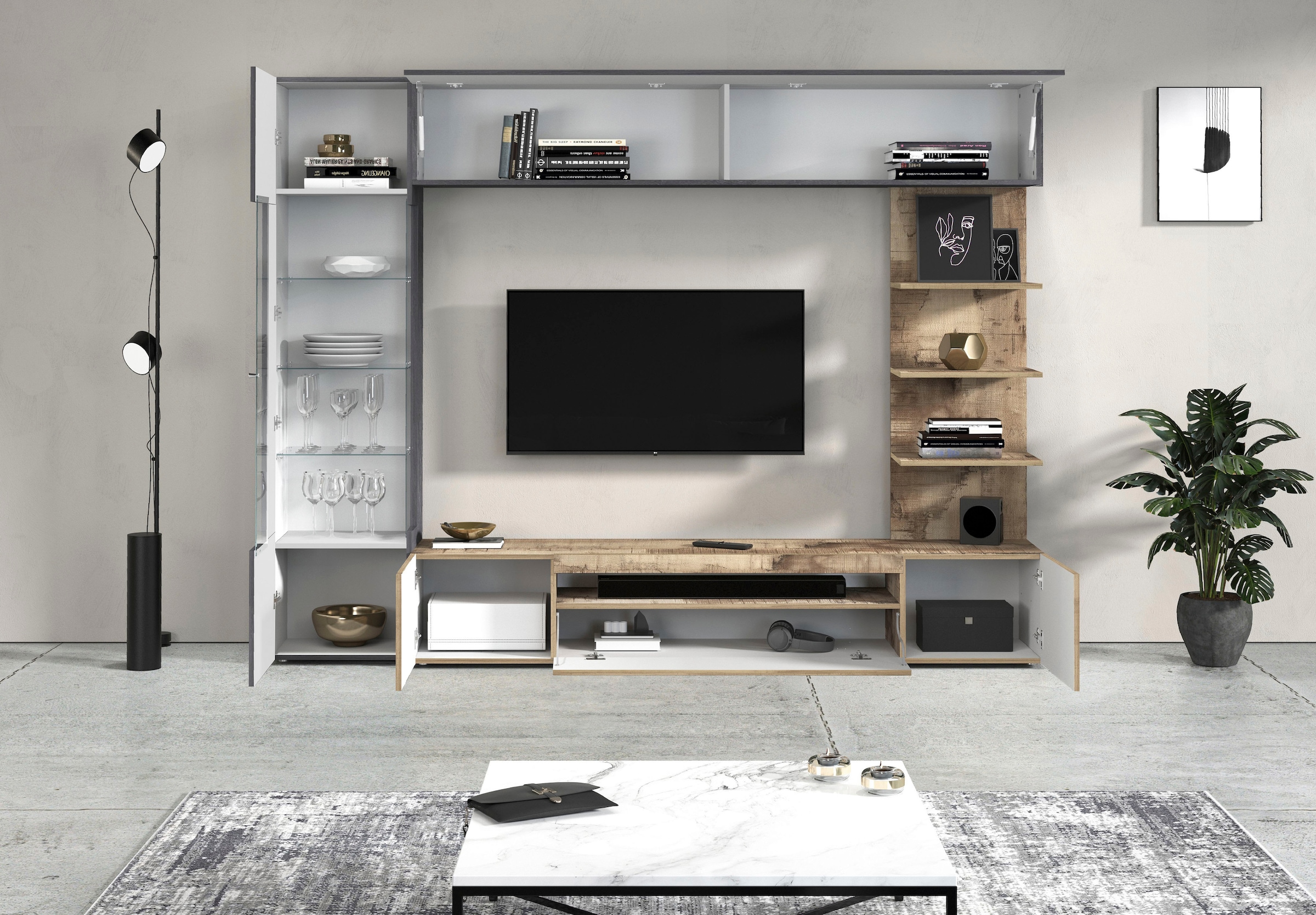 OTTO home Wohnwand »Wohnwand New Egypt, Anbauwand, Medienwand, Wohnzimmerwand« Weiß in Hochglanz, alle anderen Farben in matter Ausführung., 4 Stk. tlg.