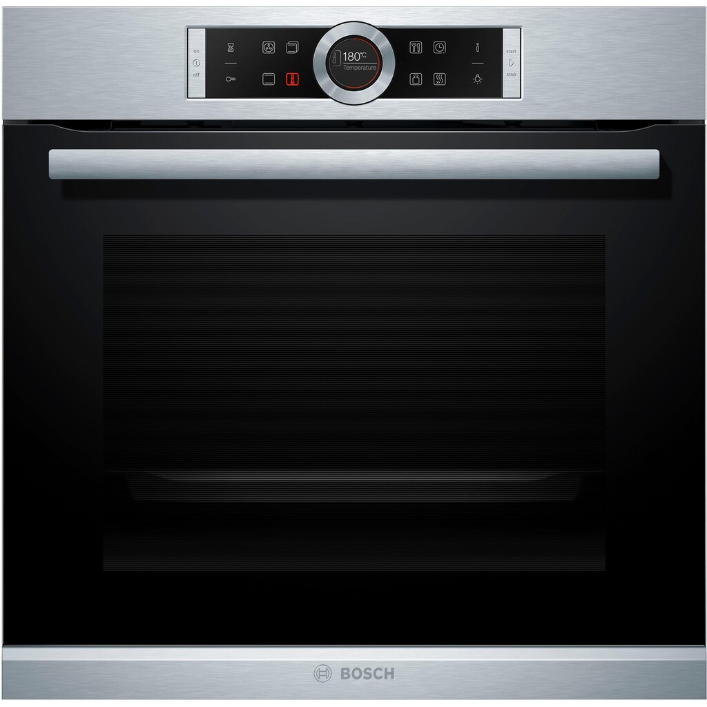 BOSCH Einbaubackofen »HBG635B«, Serie 8, mit Teleskopauszug nachrüstbar, ecoClean Direct, 4D-Heißluft-Eco-Ober-/Unterhitze Eco-Umluft-Infra-Grill-Großflächen-/Kleinflächengrill-Pizzastufe-Sanftgaren-Vorwärmen-Warmhalten-Auftaustufe, mit Pizzastufe