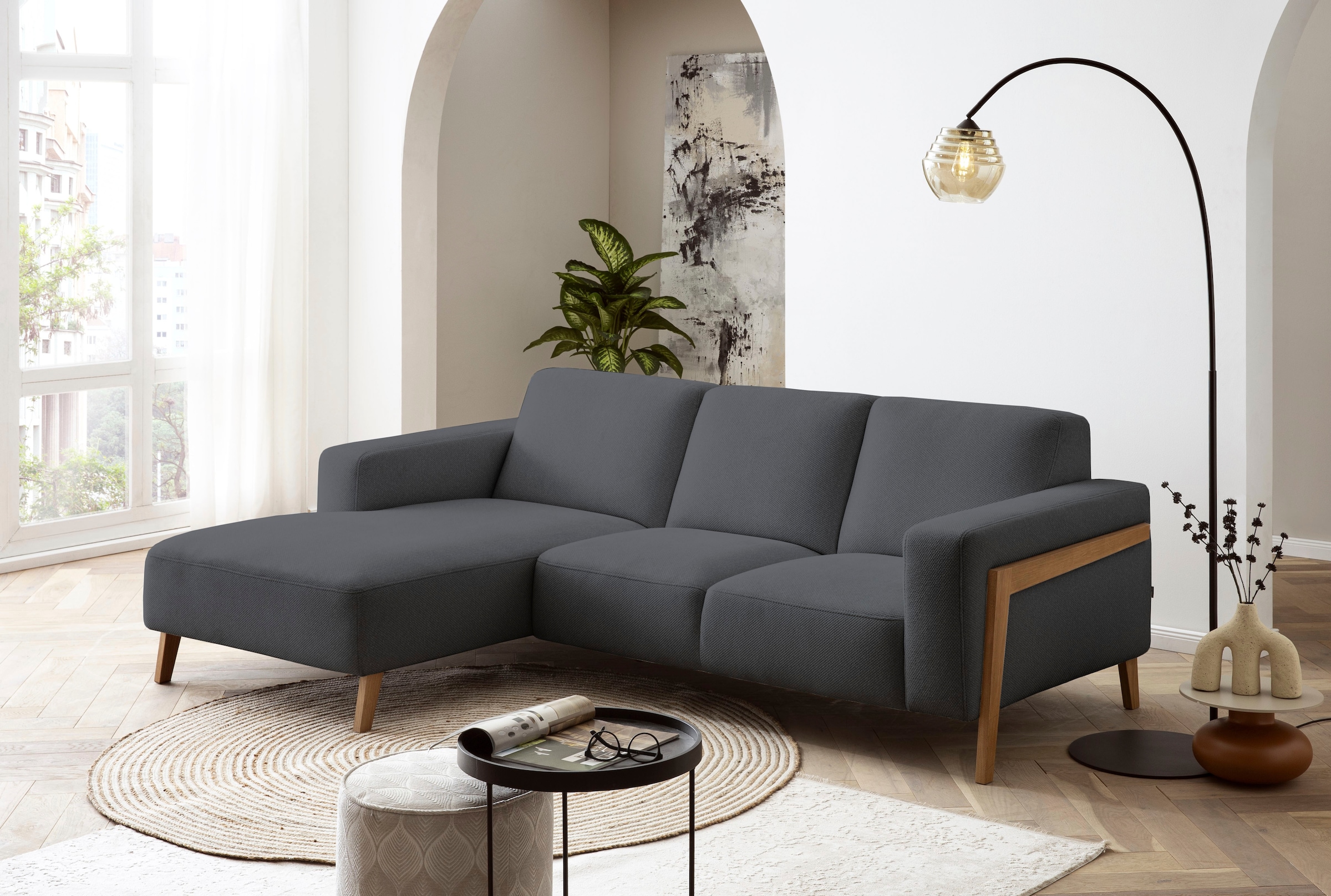 exxpo - sofa fashion Ecksofa »Starr, modern und klassisches Design, hochwertige Verarbeitung, bequem« L-Form, wahlw. elektrische Sitztiefenverstellung, Massivholzfüße