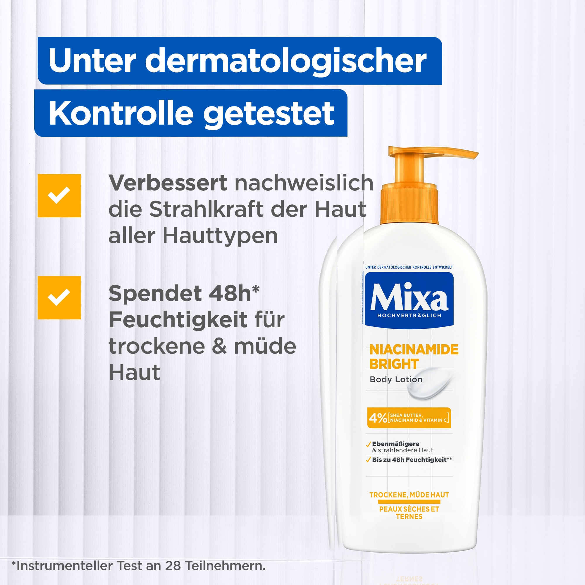 Mixa Körpermilch »Mixa Niacinamide Bright Body Lotion«, Pflegt müde und trockene Haut, sorgt für bis zu 48h Feuchtigkeit.