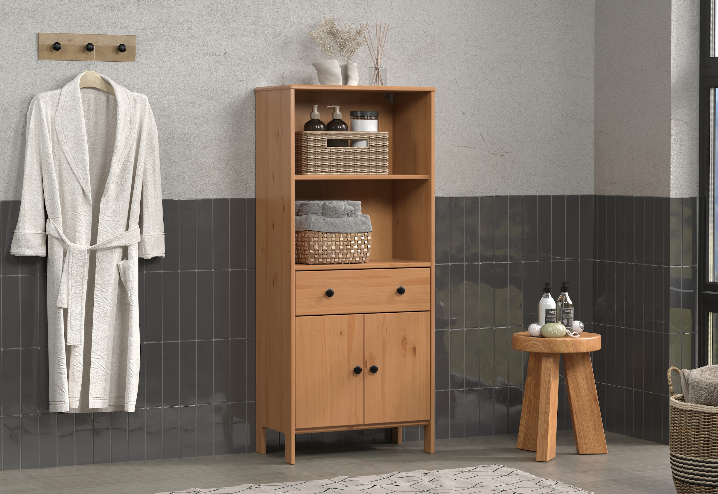 welltime Midischrank »Kall« 1 Stk. tlg. Breites Badregal aus Kiefer-Massivholz - Weiß oder Braun lackiert