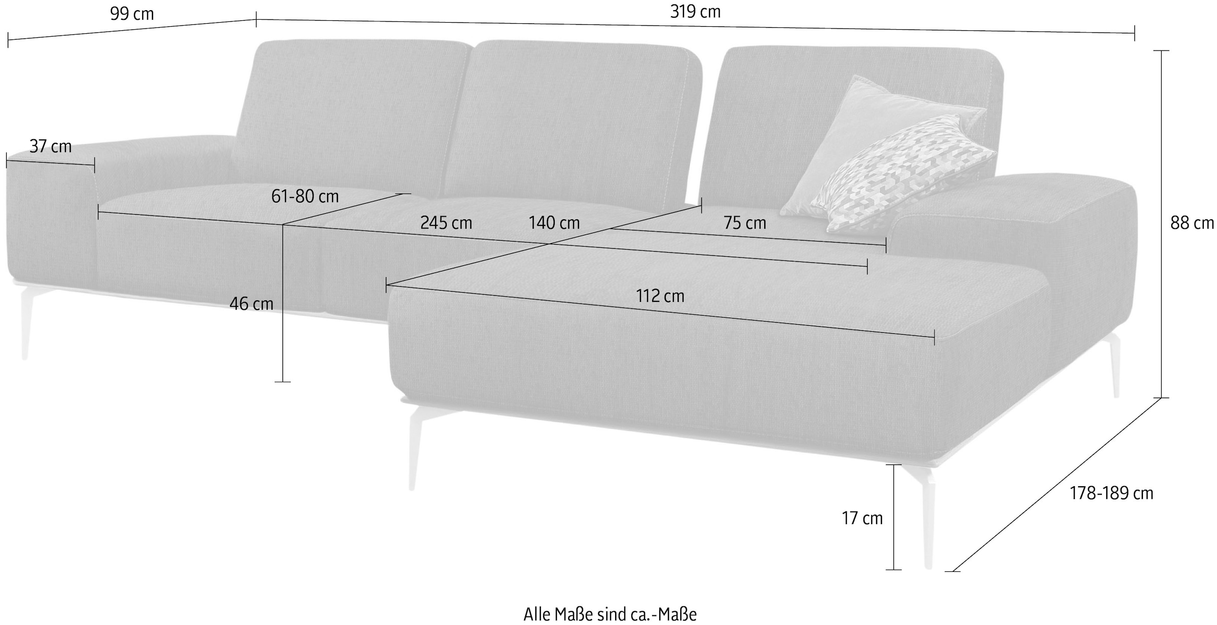 W.SCHILLIG Ecksofa »run, Designsofa mit tollem Sitzkomfort, bequem, L-Form« mit Holzsockel, Füße in Bronze pulverbeschichtet, Breite 319 cm