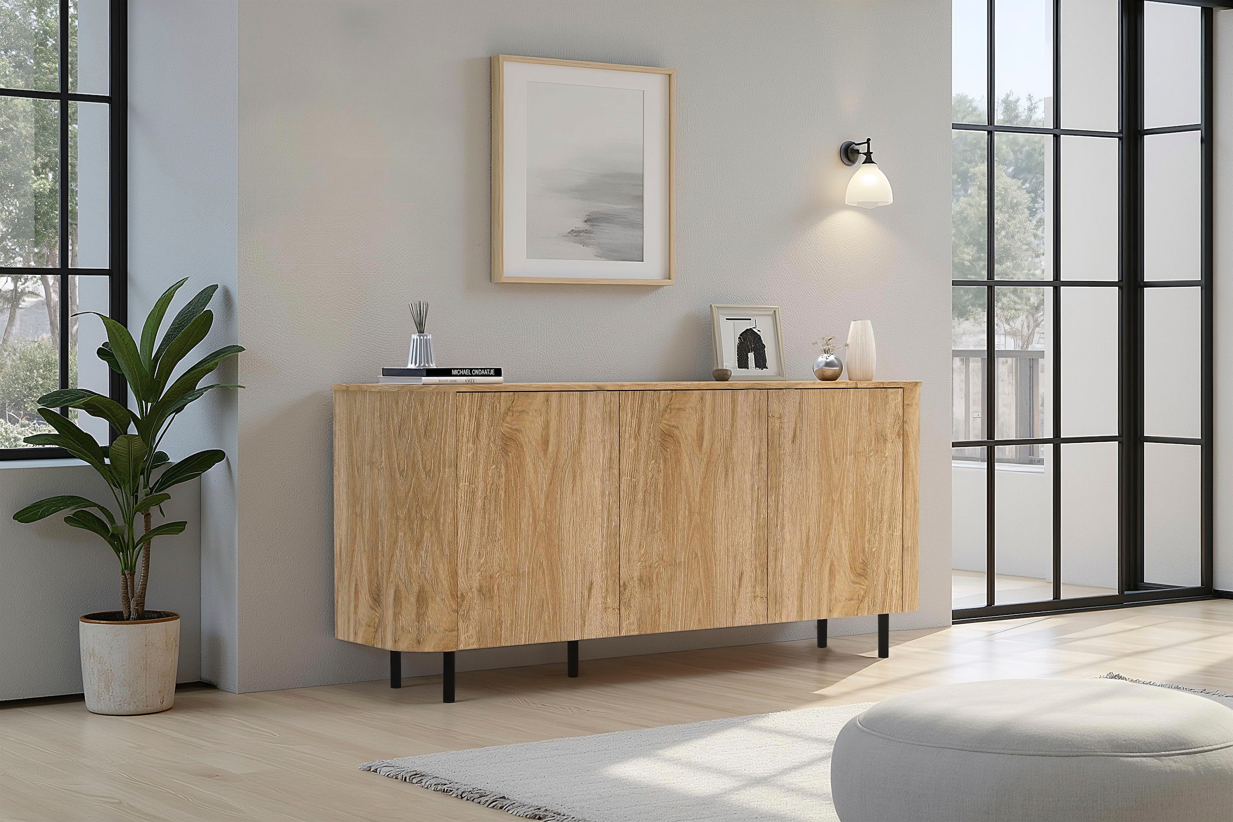 Home affaire Sideboard »Murano, 181 cm breit, 3 Türen, Anrichte, Kommode, Stauraumschrank« Formgebogenes MDF, Stirnseiten mit Rundung, Füße und Griffe aus Metall