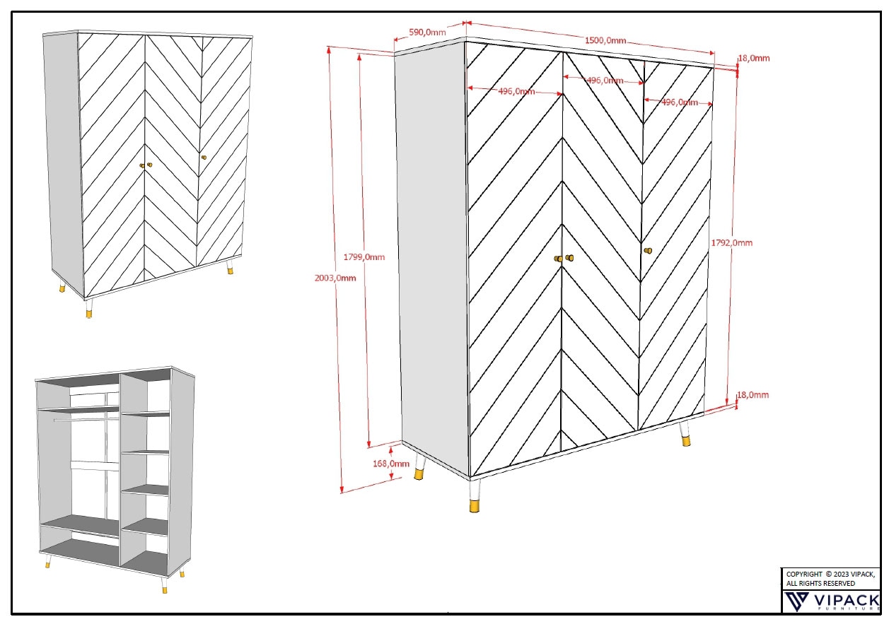 Vipack Kleiderschrank, mit 3 Drehtüren bietet viel Stauraum, Rillenprofil-Optik, Ausf. weiß