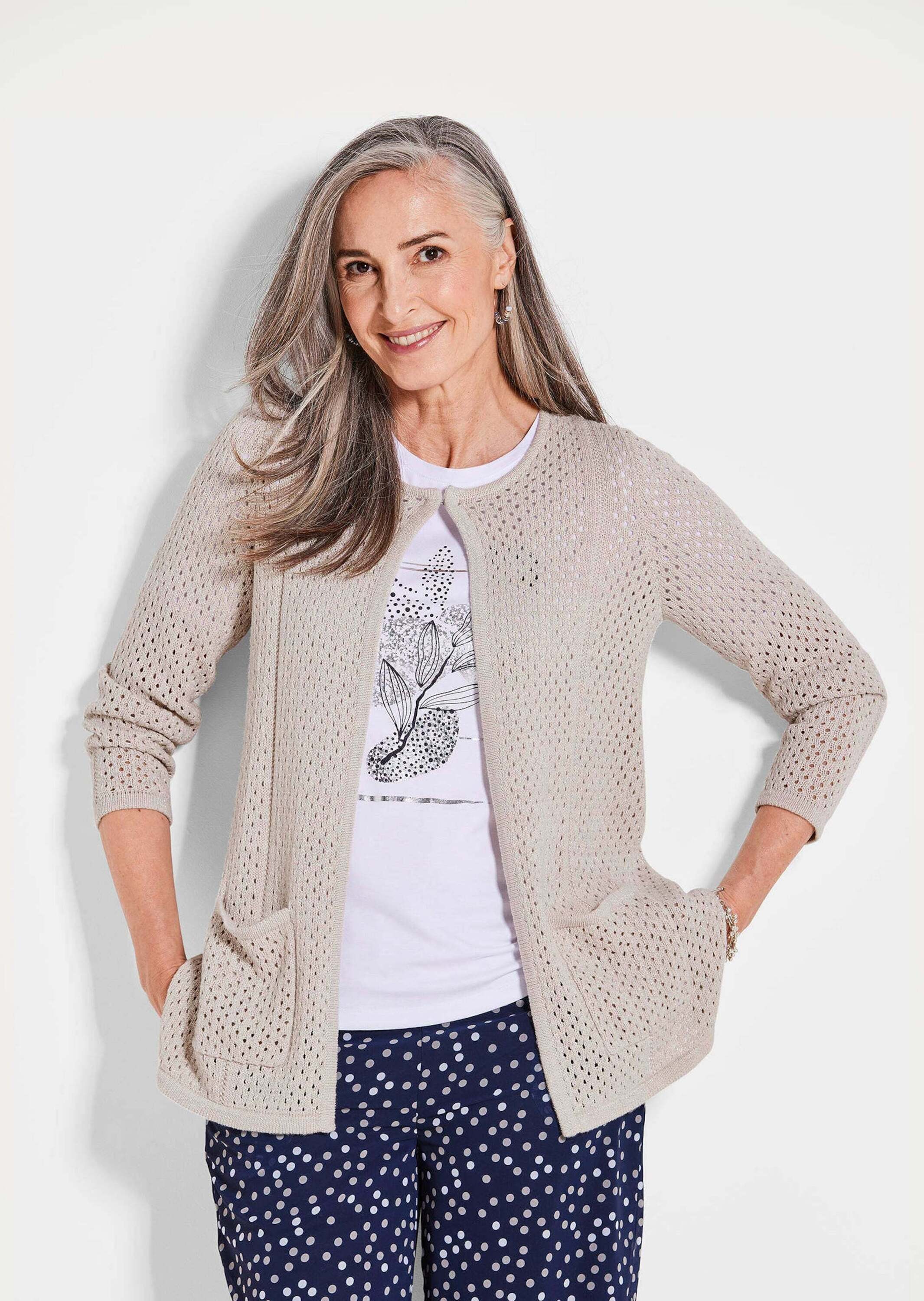 GOLDNER Kurzjacke »Brauner Cardigan mit Lochmuster, Langarm«