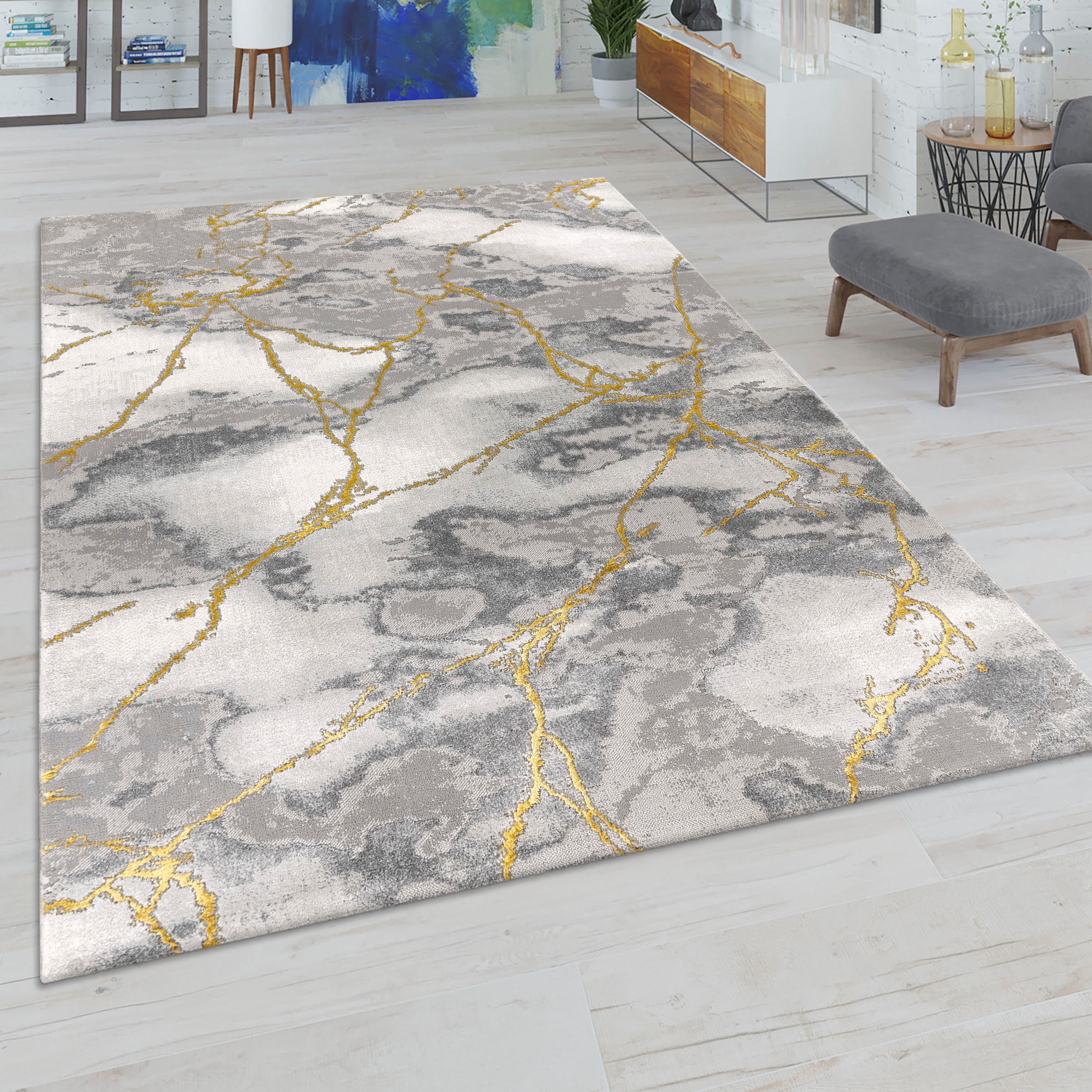 Paco Home Teppich »Craft 270«, rechteckig, 16 mm Höhe, Kurzflor, moderne Marmor Optik, mit Gold-Effekten