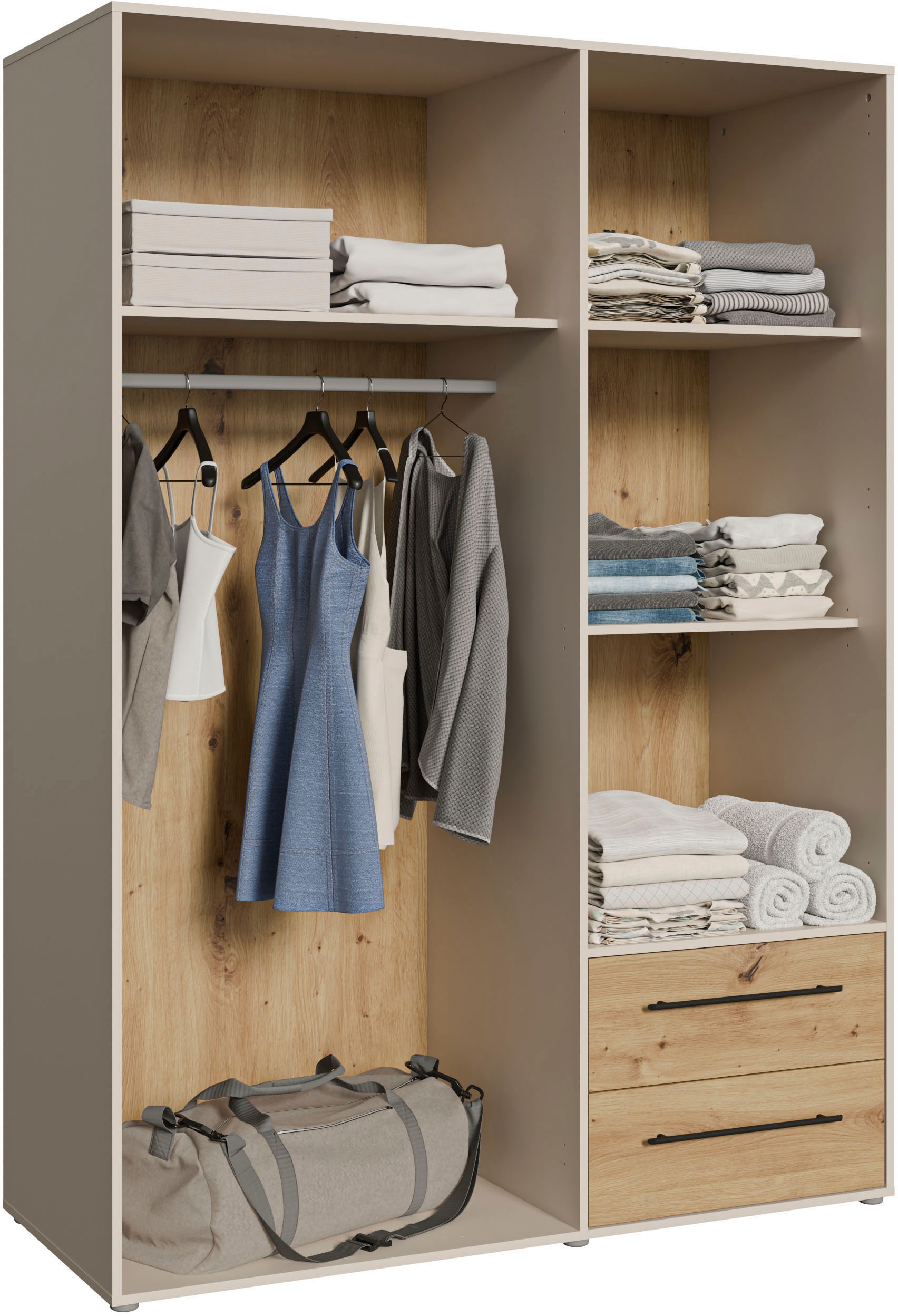FORTE Kleiderschrank »Mokkaris , zeitloses Design, 3–4 Türen, Made in Europe« B/H/T ca. 145x200x59cm oder 206x200x59cm,  Schubladen + schwarze Stangengriffe, Made in Europe, viel Stauraum