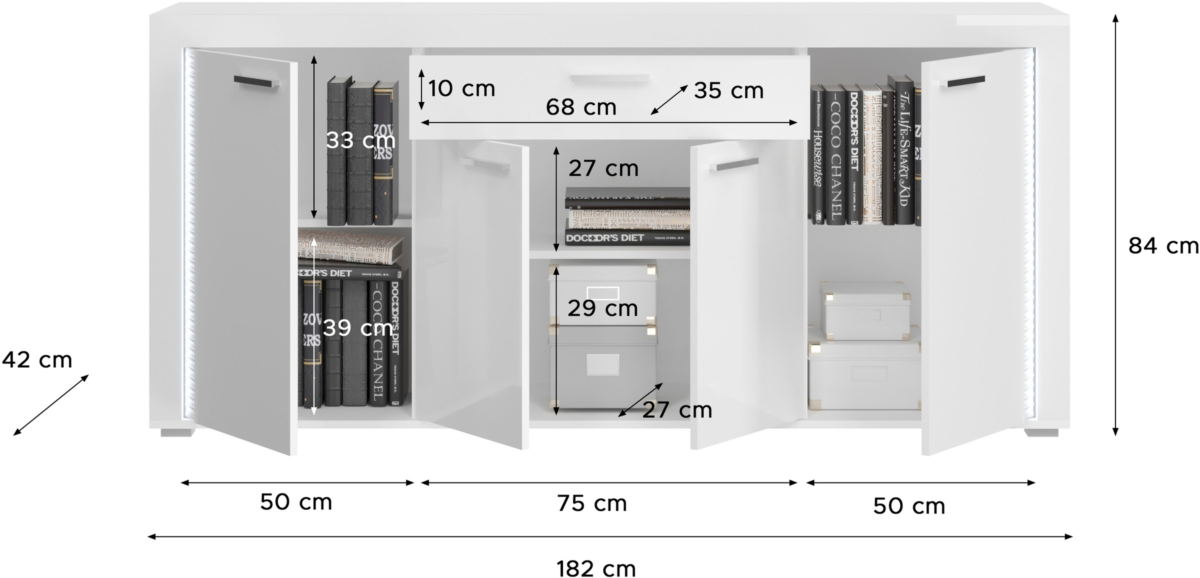 INOSIGN Sideboard »Viborg, Breite 182cm, inkl. vertikaler Frontbeleuchtung«, 4 Türen, 3 Einlegeböden, 6 Fächer, 1 Schubkasten, Anrichte, Schrank