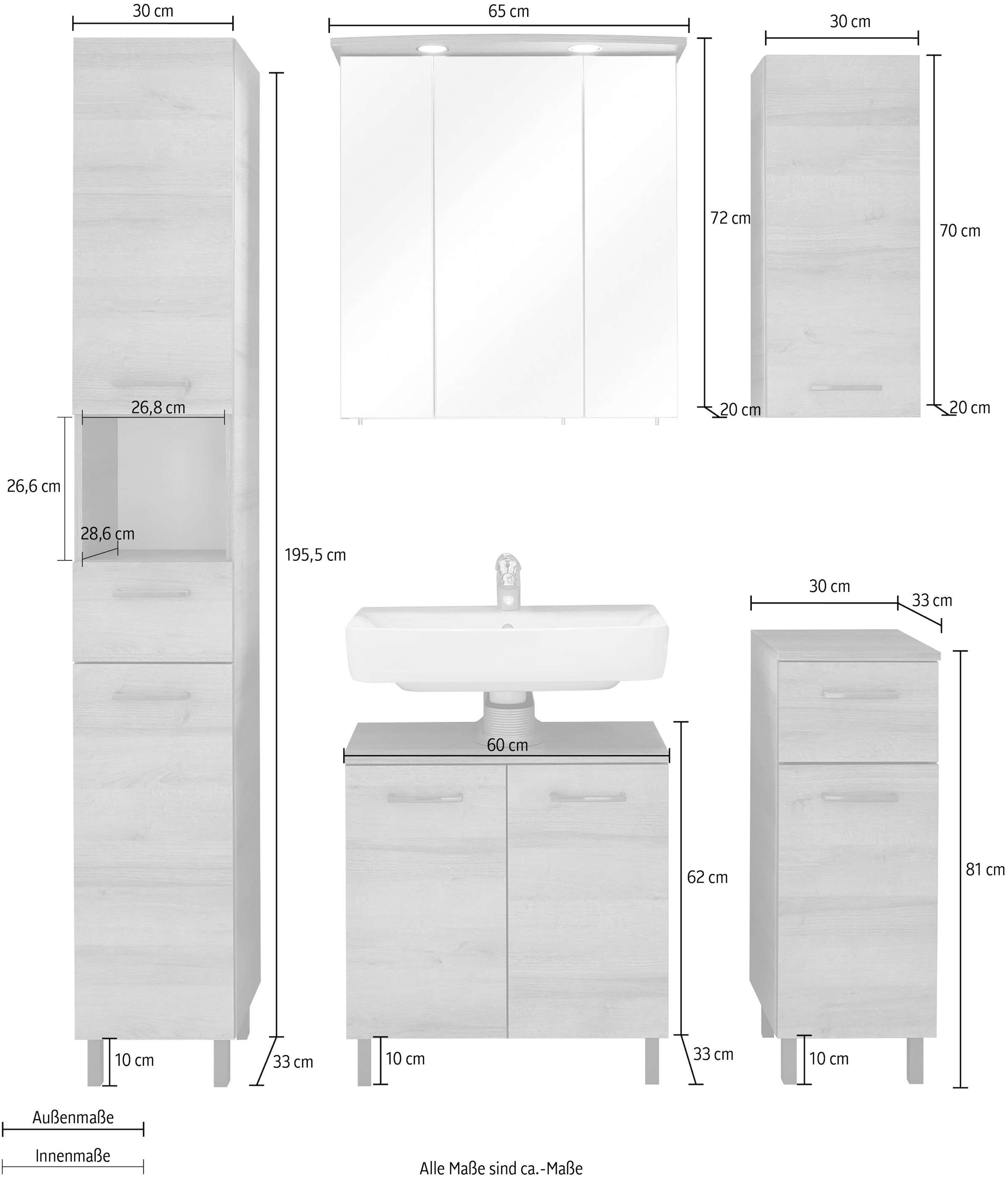 Saphir Badmöbel-Set »Quickset 919 5-teilig, Waschbeckenunterschrank mit LED-Spiegelschrank« 5 Stk. tlg.
