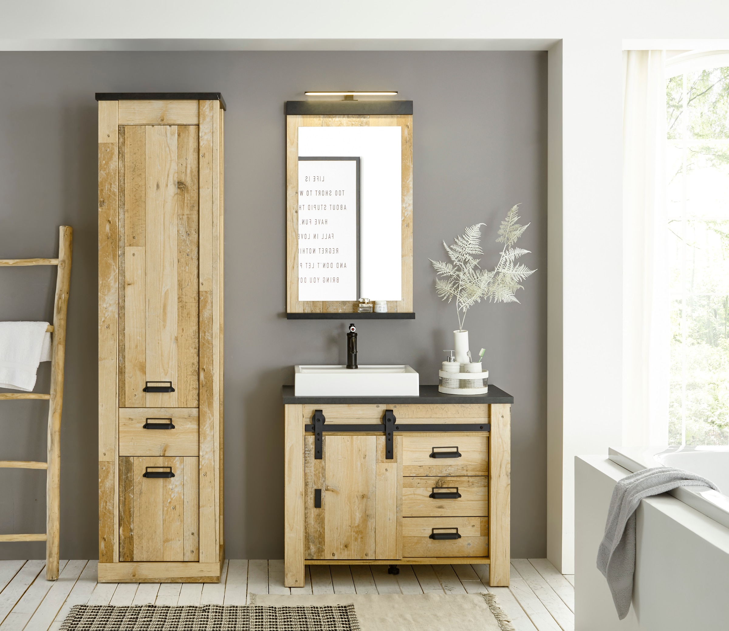 Home affaire Badmöbel-Set »SHERWOOD, Bad im modernen Design, 3-teiliges Badezimmer«, (3 St.), in 2 Farben verfügbar, Scheunentorbeschlag & Apothekergriff aus Metall