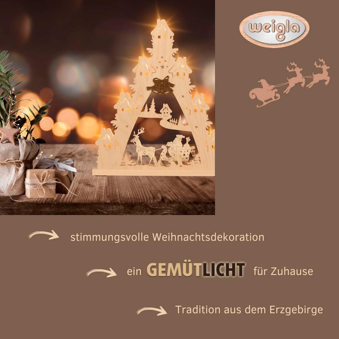 Weigla LED Schwibbogen »Weihnachtsmann auf Schlitten, Lichterspitze aus Holz, Made in Germany« 1 Stk. Erzgebirge garantiert, Weihnachtsdeko Innen, Weihnachtsbeleuchtung