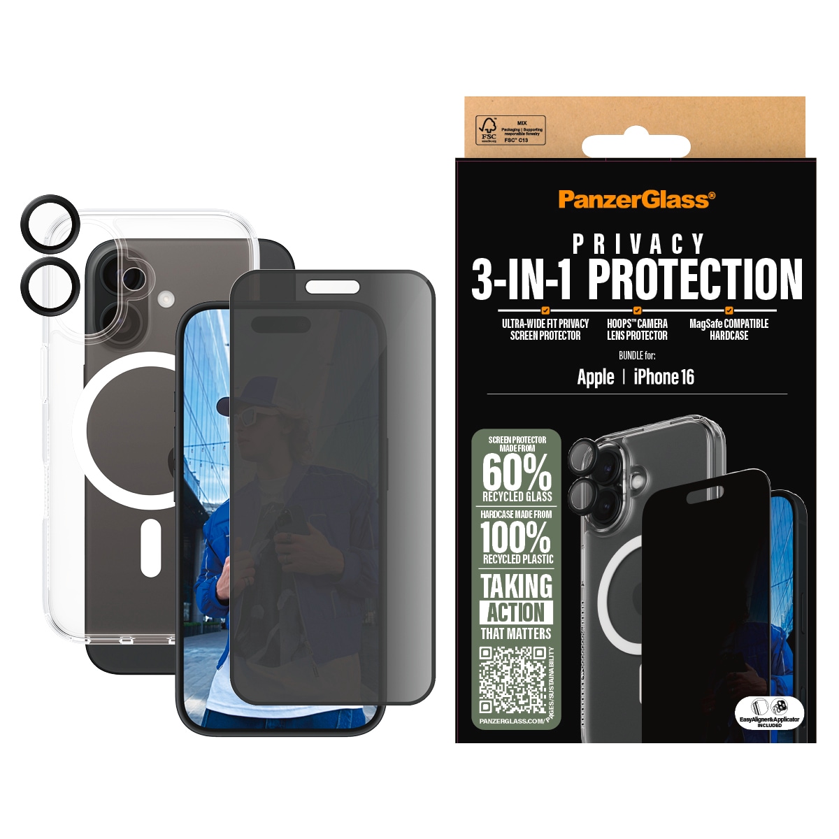 Displayschutzglas »3-in-1 Privacy Protection«, für Apple iPhone 16, (Set, 3 St.,...