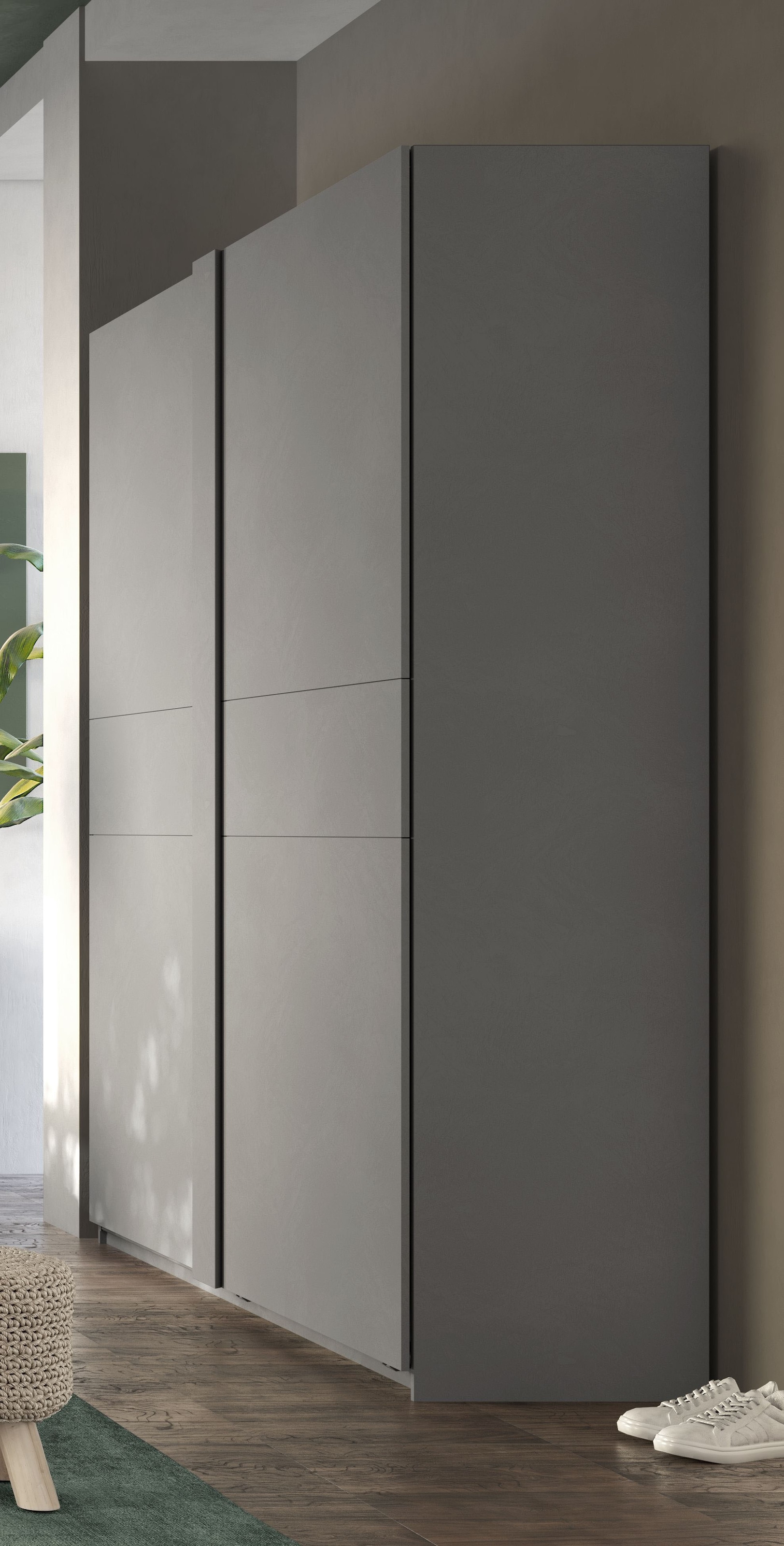 Home affaire Schwebetürenschrank »Jupiter, Schiebetürenschrank in Steingrau« 2 Breiten, moderne Griffblende, Metallgriffleisten, 22 mm Böden