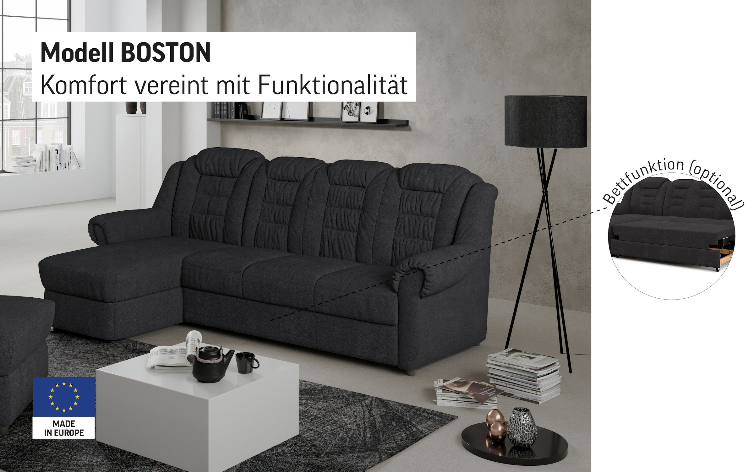 Home affaire Ecksofa »Boston L-Form«, mit hoher Rückenlehne, wahlweise mit Bettfunktion