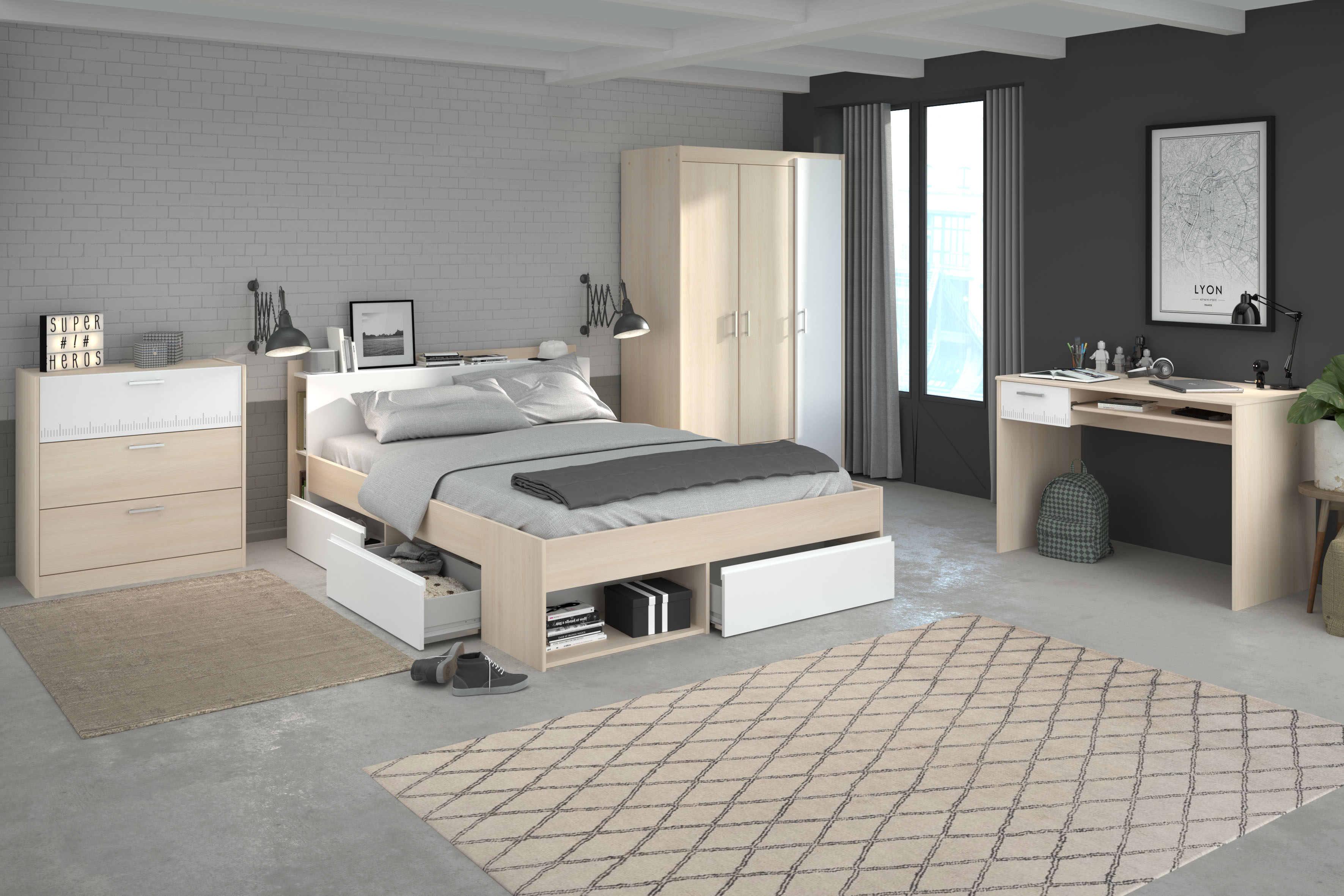 Jugendzimmer-Set »Most«, (Set, 4 St., Bett mit Schubkästen, Kleiderschrank,...