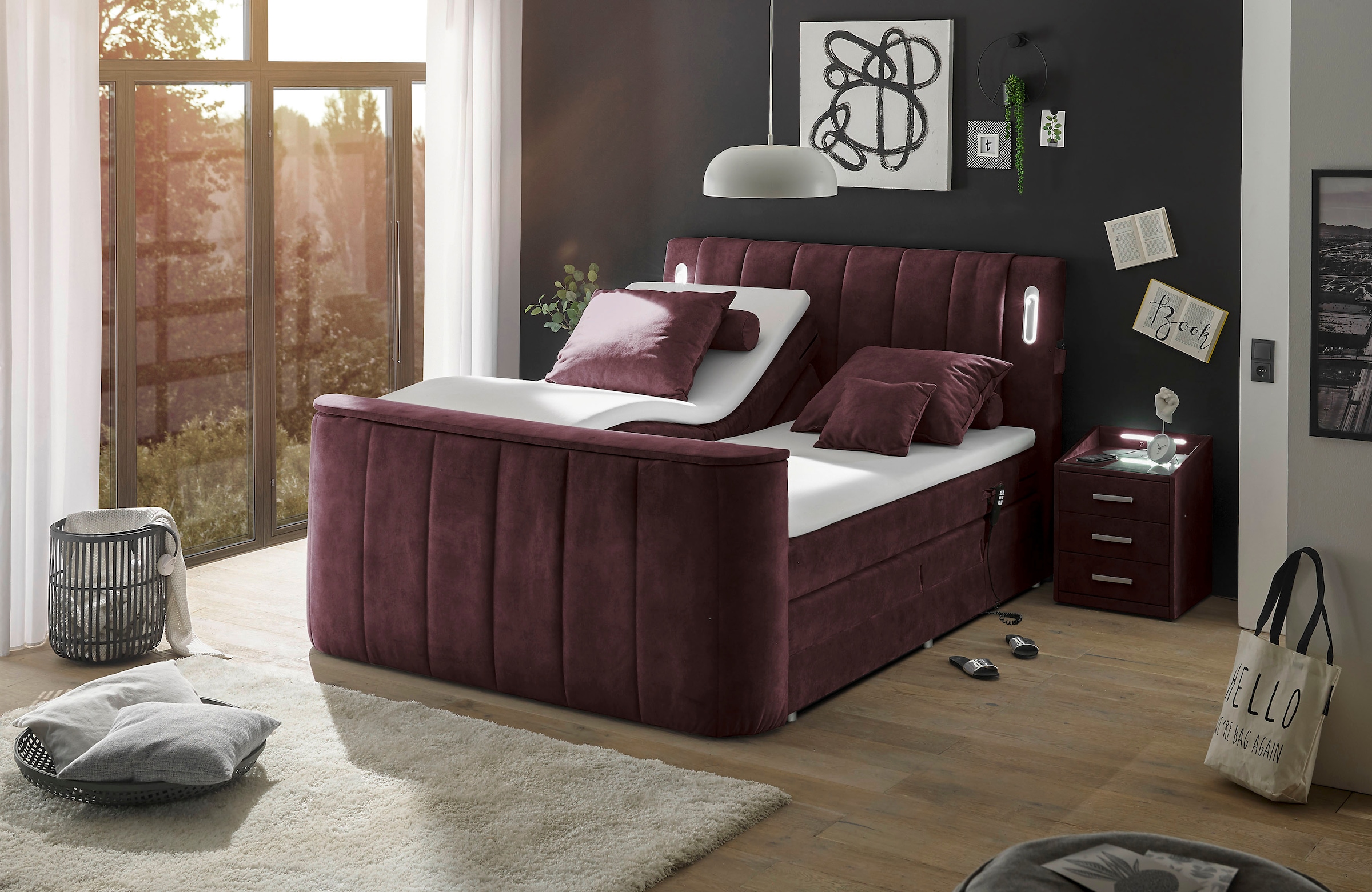 ED EXCITING DESIGN, Boxspringbett »Dallas« 6 Stk. tlg. inkl. Topper, LED-Beleuchtung, motorisierter TV Halterung und Motor, aubergine/Salvador 05 