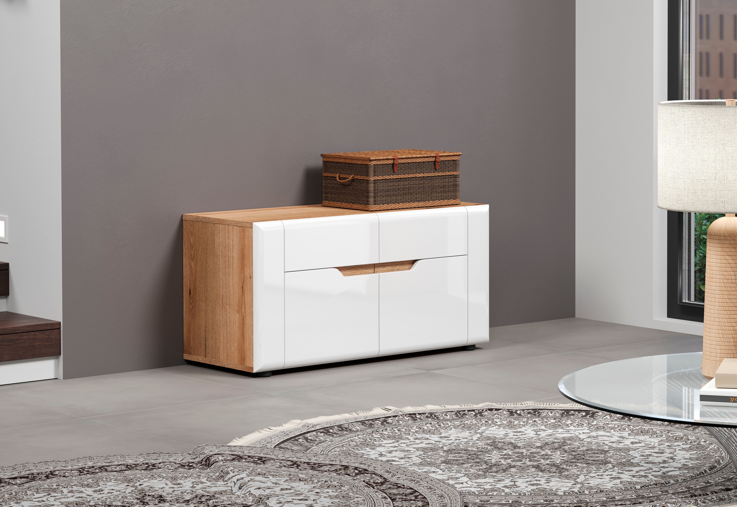 INOSIGN Sitzbank »Graz«, (Packung, 1 St.), Maße (B/H/T in cm): (91/47/38) - Farbe Weiß Hochglanz und Eiche