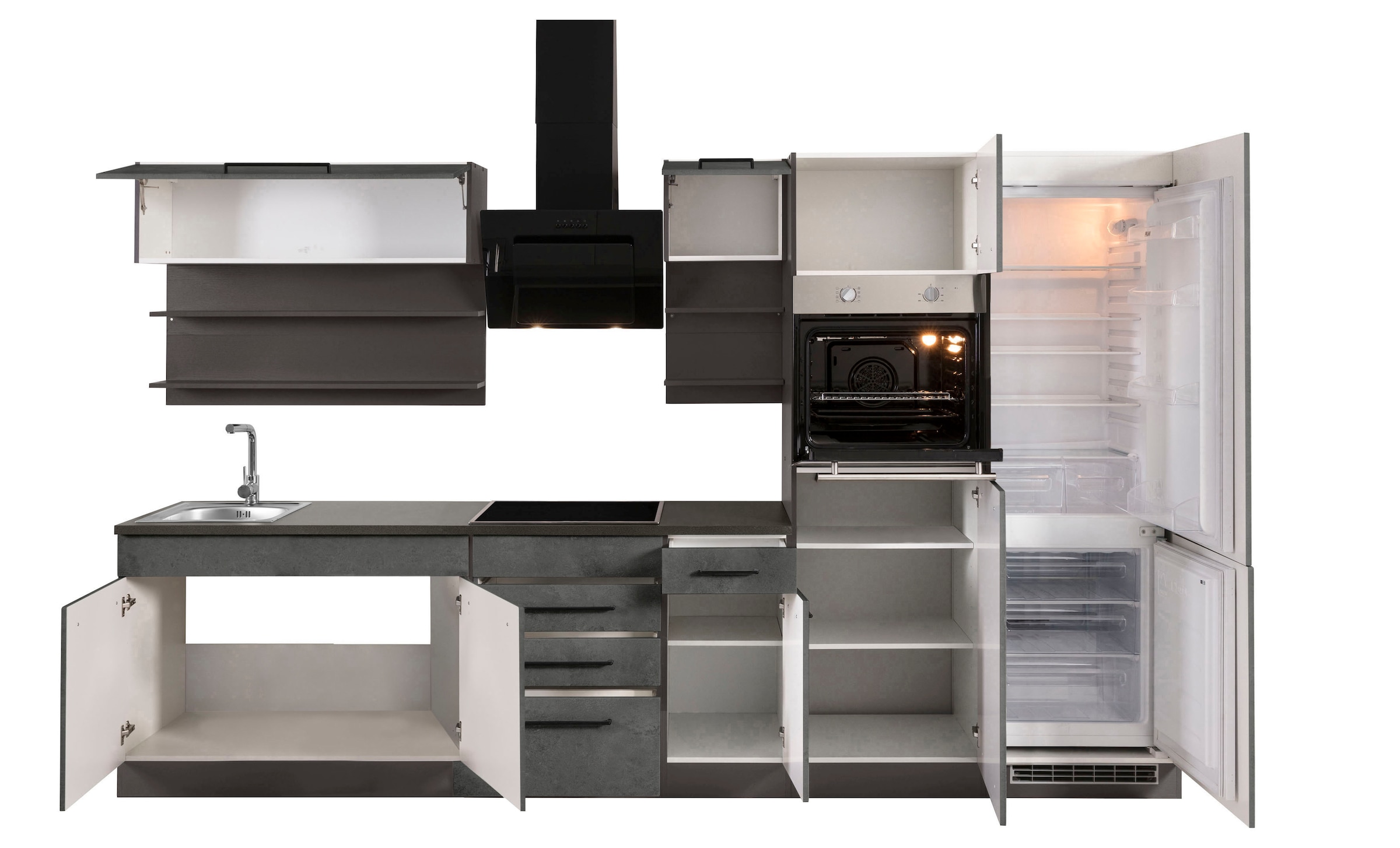 KOCHSTATION Küchenzeile »KS-Tulsa« mit E-Geräten, Breite 330 cm, schwarze Metallgriffe, MDF Fronten