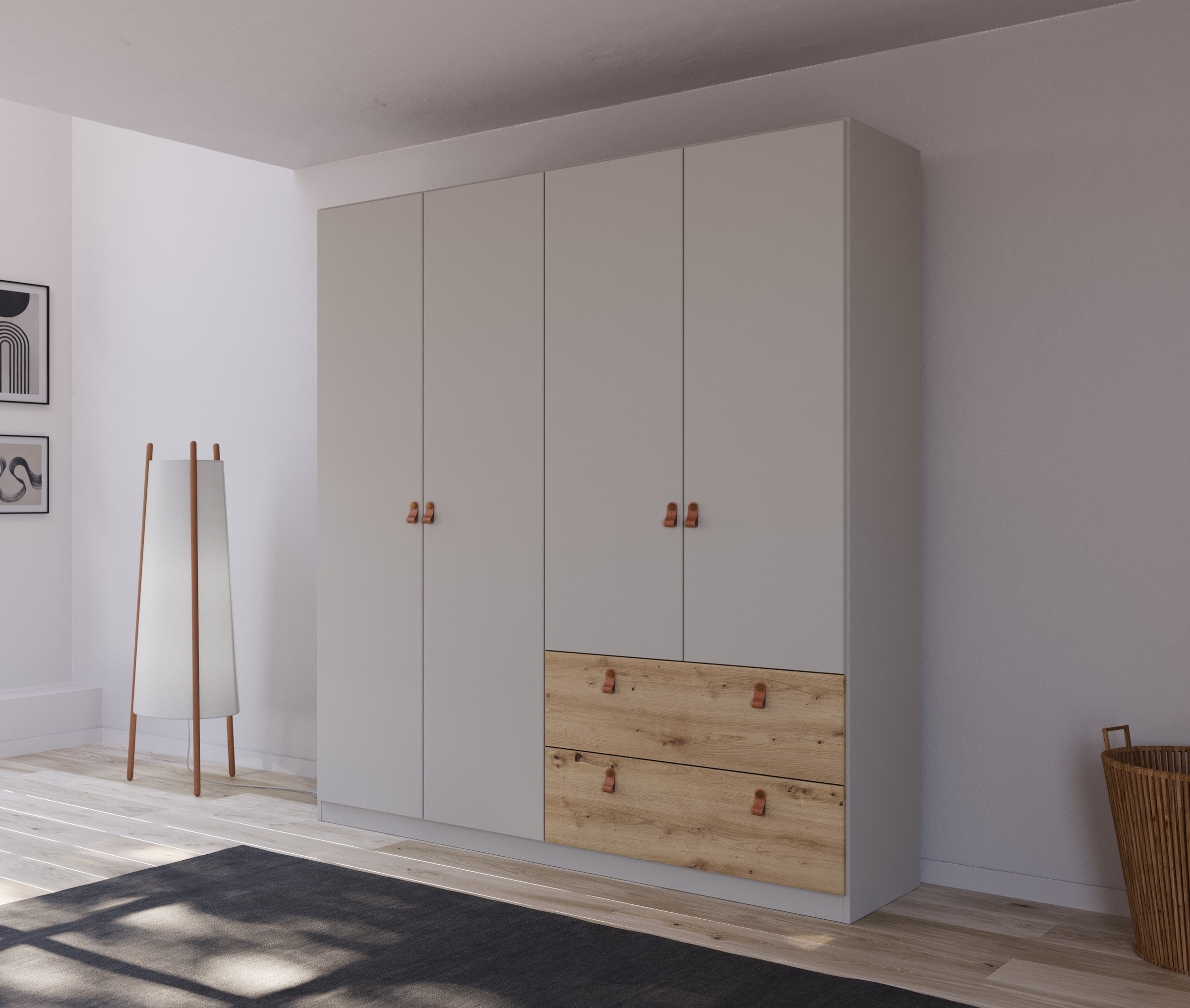 rauch Drehtürenschrank »Homey by Quadra Spin« mit cognacbraunen Ledergrifflaschen, Schubladen in Eichen-Dekor