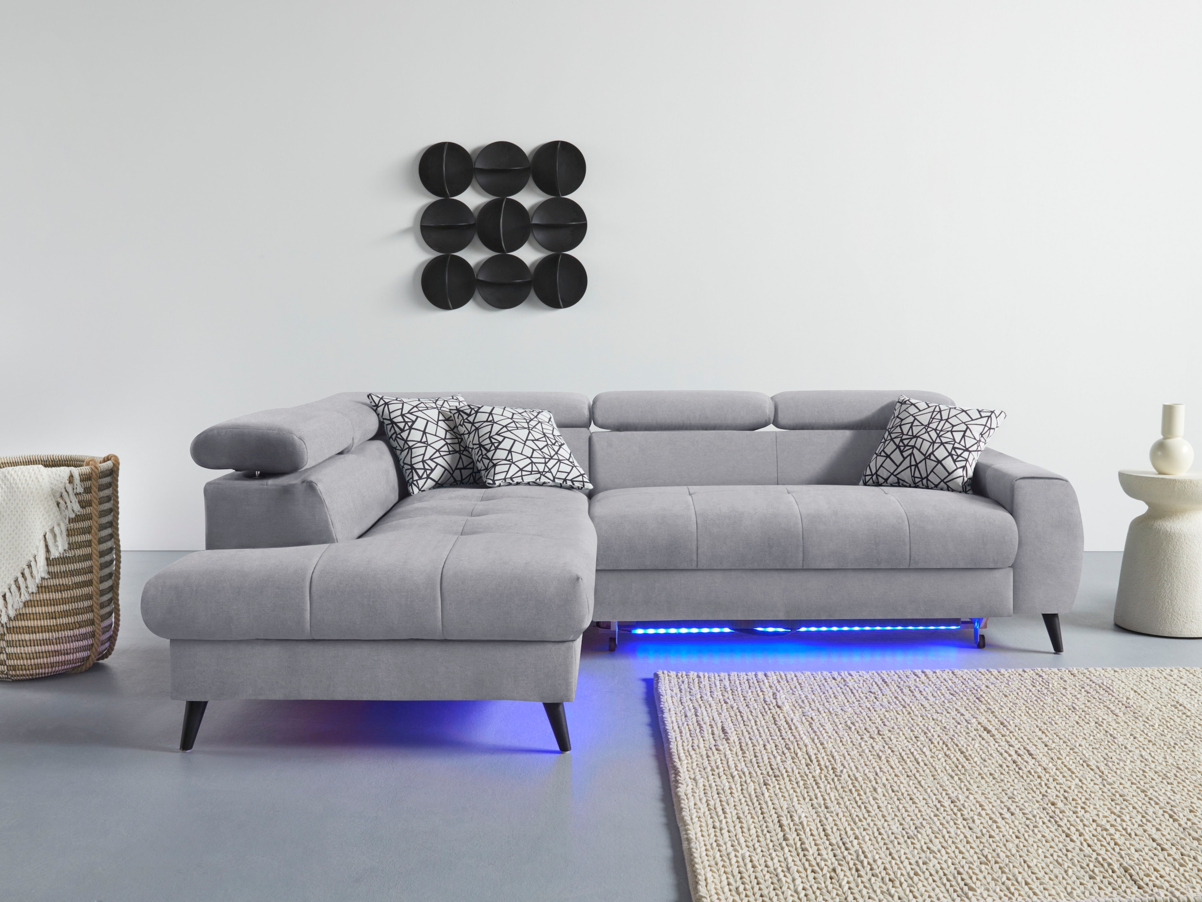 COTTA Ecksofa »Mia L-Form mit 3 Zierkissen«, wahlweise mit Bettfunktion, Bettkasten, Beleuchtung & Wireless-Charger