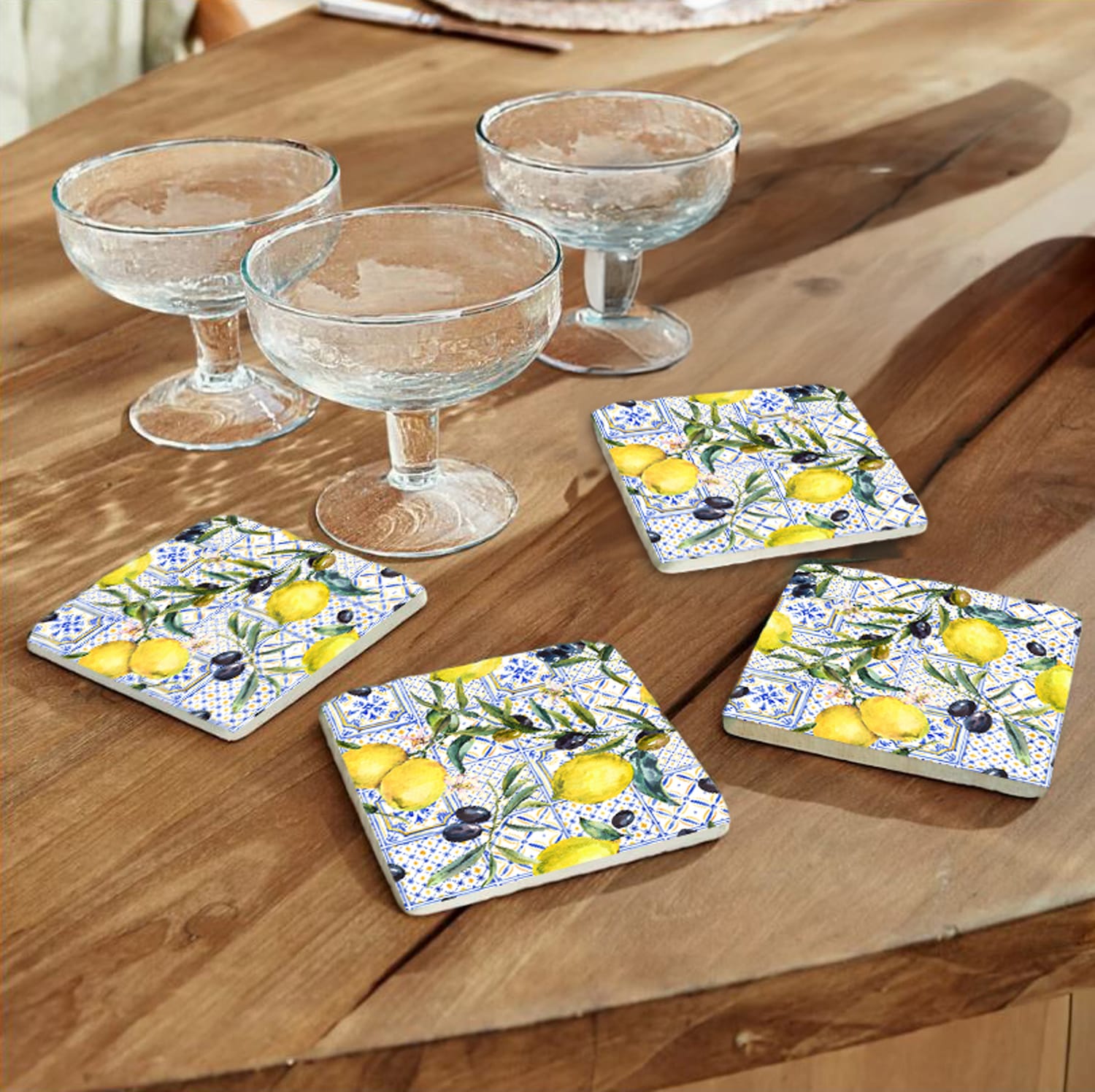 queence Getränkeuntersetzer »Zitronen Motiv Fliesen Steine«, (Set, 4 tlg.), Zitronen Set Topfuntersetzer Naturstein Untersetzer 10x10x1cm