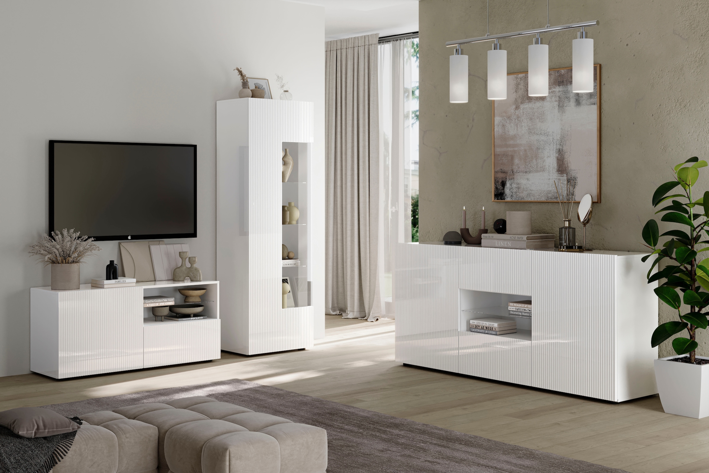 Home affaire Lowboard »Rio Breite 120 cm, TV-Board 1 Tür u. 1 Schubkasten, TV-Schrank« geriffelte MDF-Fronten, modern u. elegant, Kabelführung, platzsparend