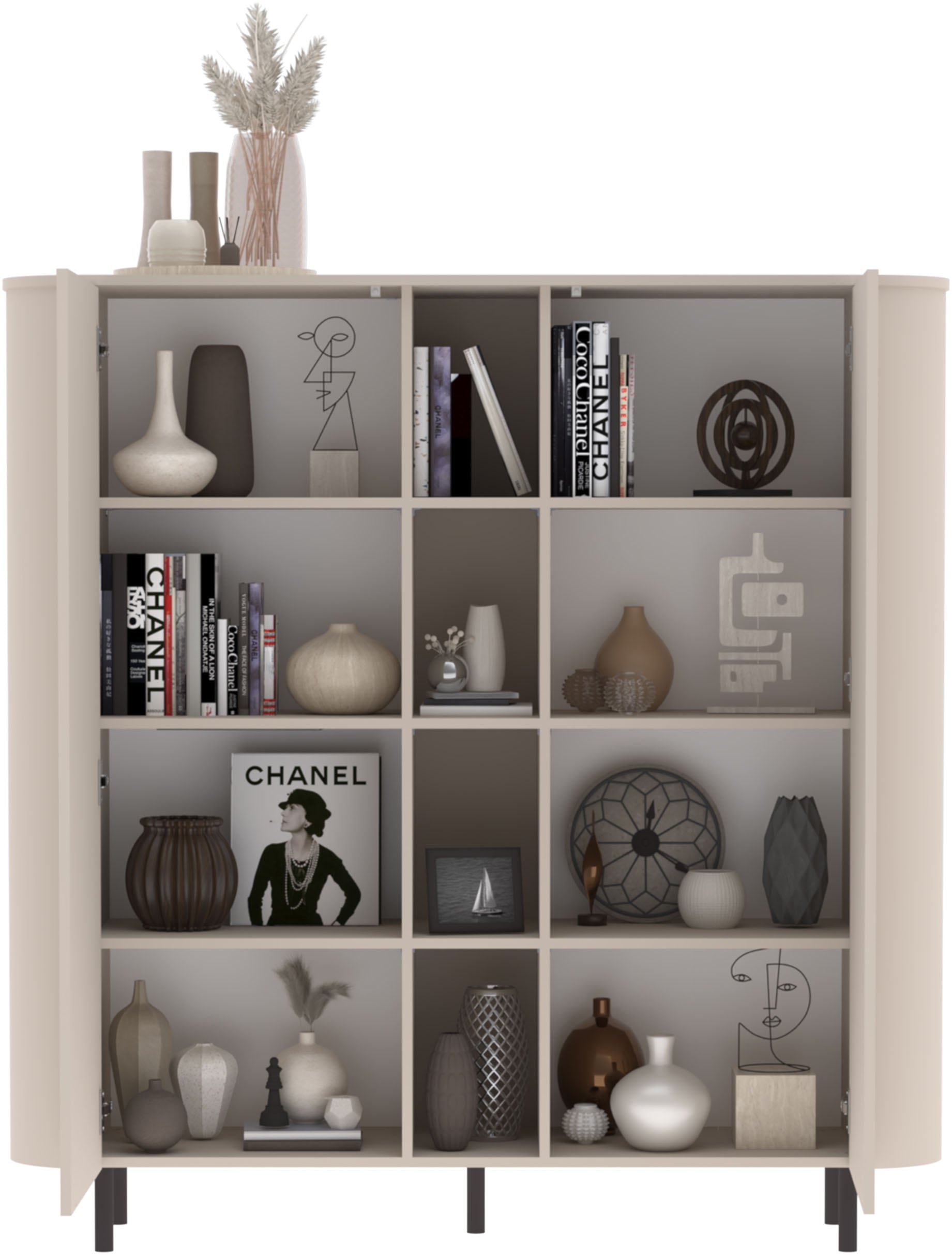 INOSIGN Highboard »Lido, B/H 150/154 cm, 2 Türen, 4 offene Fächer, Stauraumschrank« Formgebogenes MDF, Stirnseiten mit Rundung, Push-to-open, Metallfüße