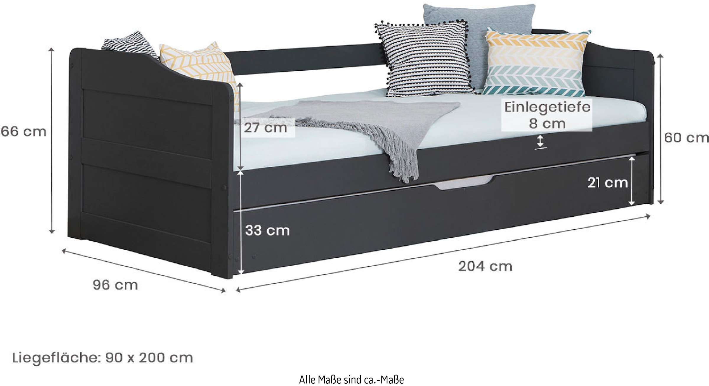 Ticaa Funktionsbett »Melinda, Daybett, Jugendbett, 2 Schlafplätze, Schublade auf Rollen«, (90x200cm), FSC®-zertifizierte Kiefer, 2 Rollroste, Massivholz