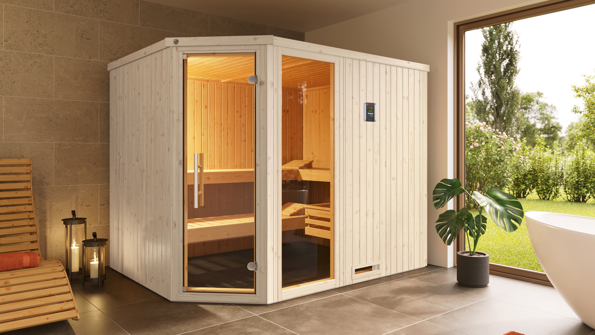 weka Sauna "Element-Ecksauna VARBERG 4" vorgefertigte Elemente, Fensterelement, moderne Ganzglastür